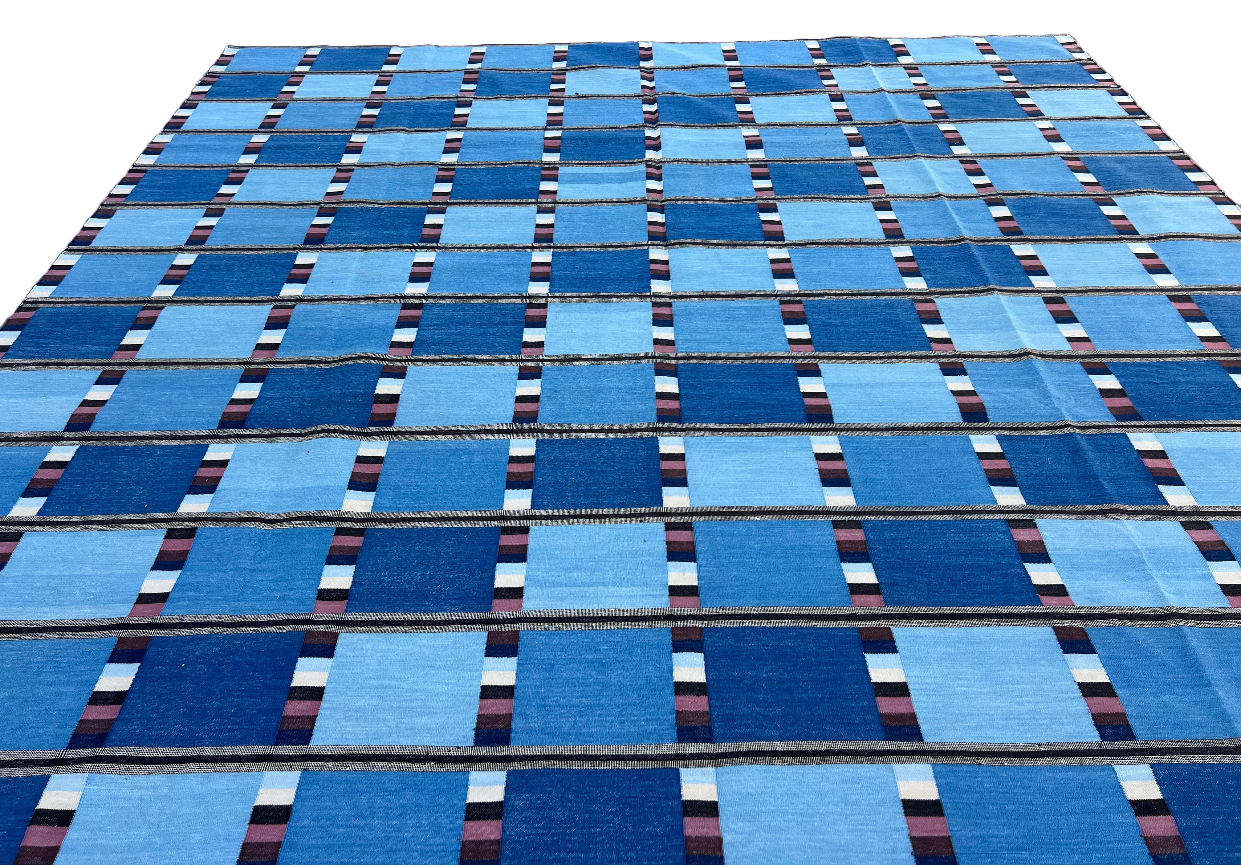 Modern Handmade Cotton Area Flat Weave Rug, Blue, Cream And Brown Checked Dhurrie-6724