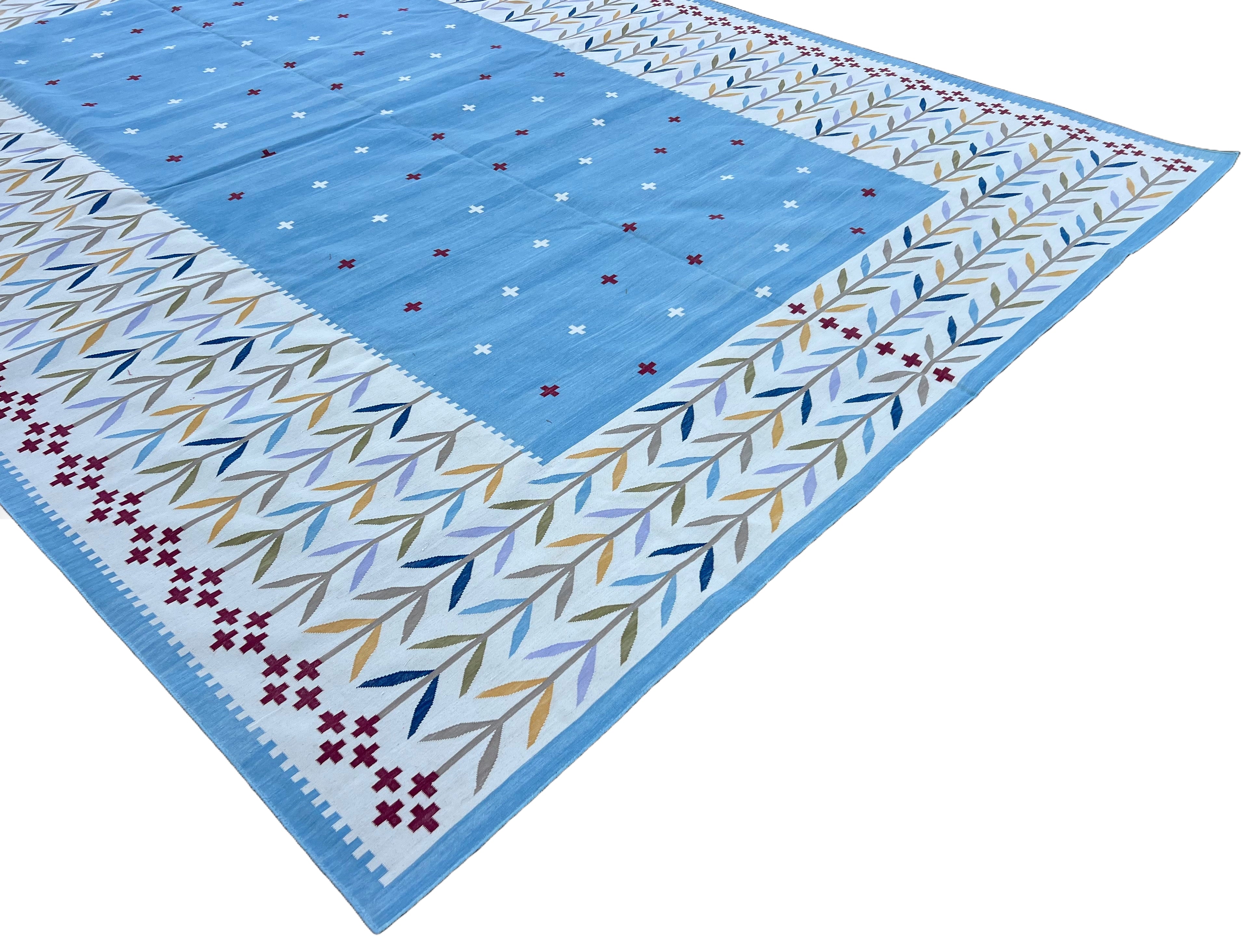 Modern Handmade Cotton Area Flat Weave Rug, Natural Vegetable Dyed, Sky Blue And Cream Leaf Indian Dhurrie