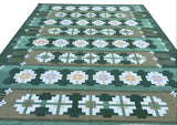 Modern Handmade Cotton Area Flat Weave Rug, Natural Vegetable Dyed, Green Geometric Indian Dhurrie