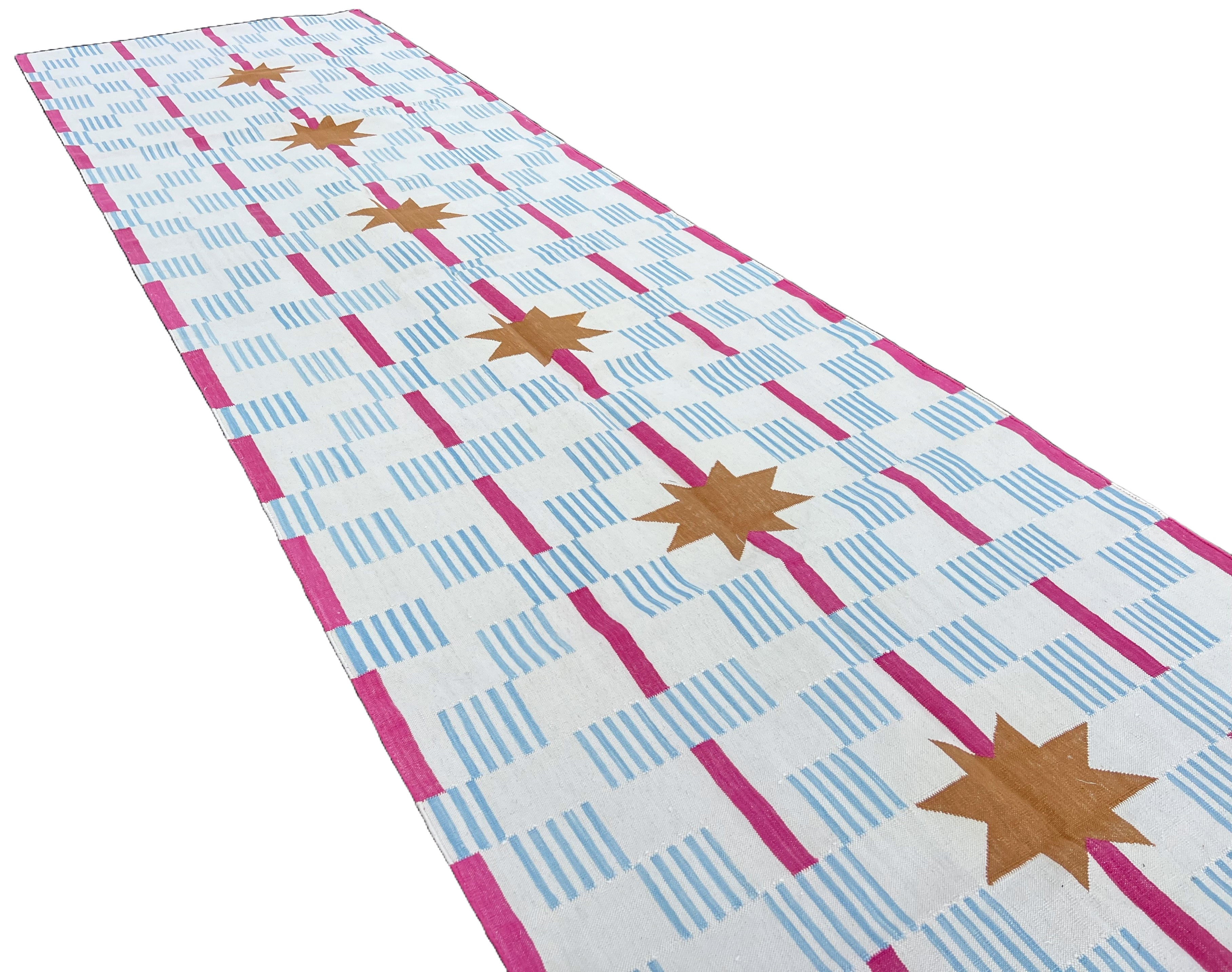 Modern Handmade Cotton Cream, Sky Blue Tan And Pink 4x14 Feet Star And Dash Runner-6749