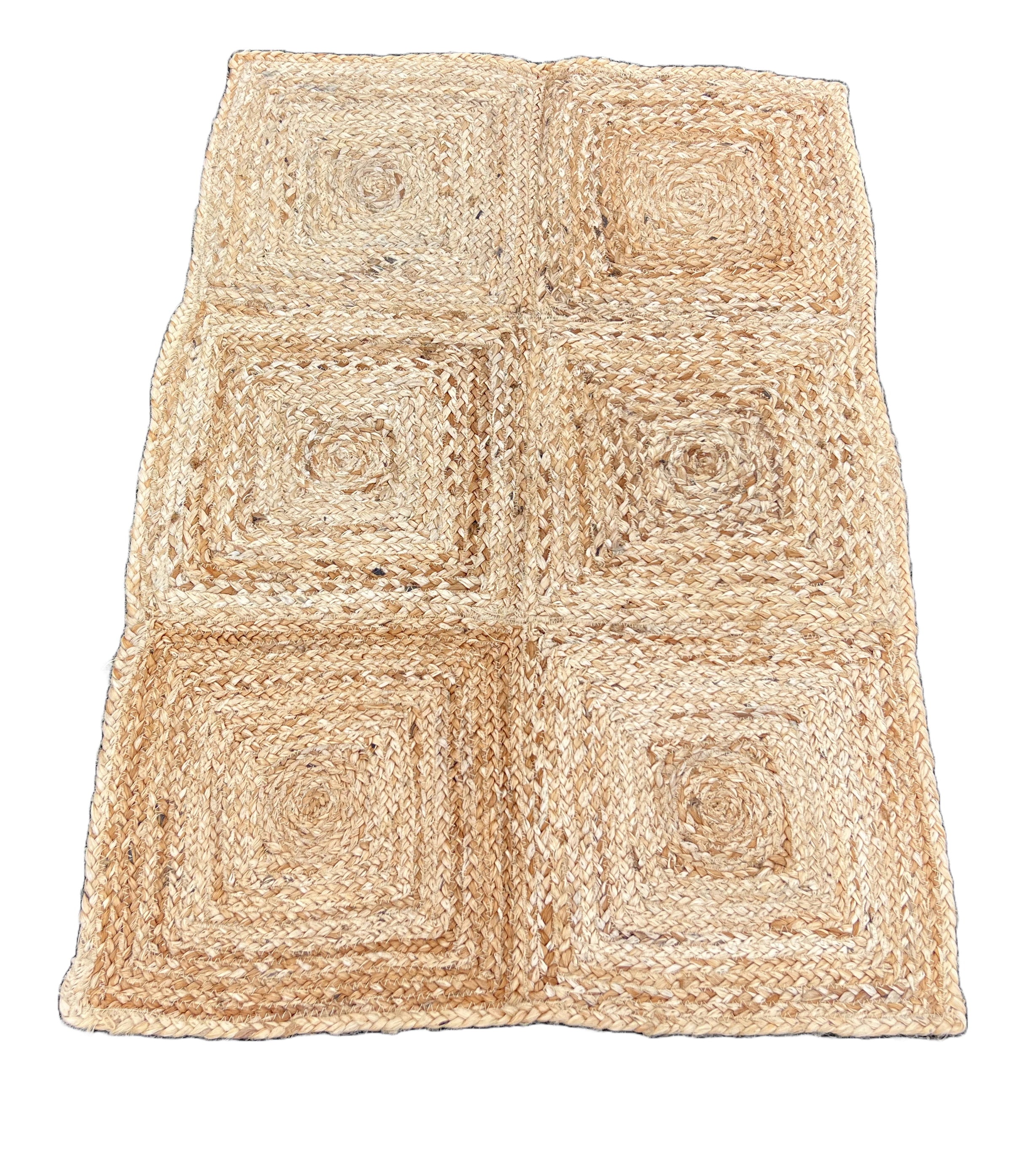 Modern Handmade Natural Jute Checked Blocked Rug Indian Dhurrie -8044