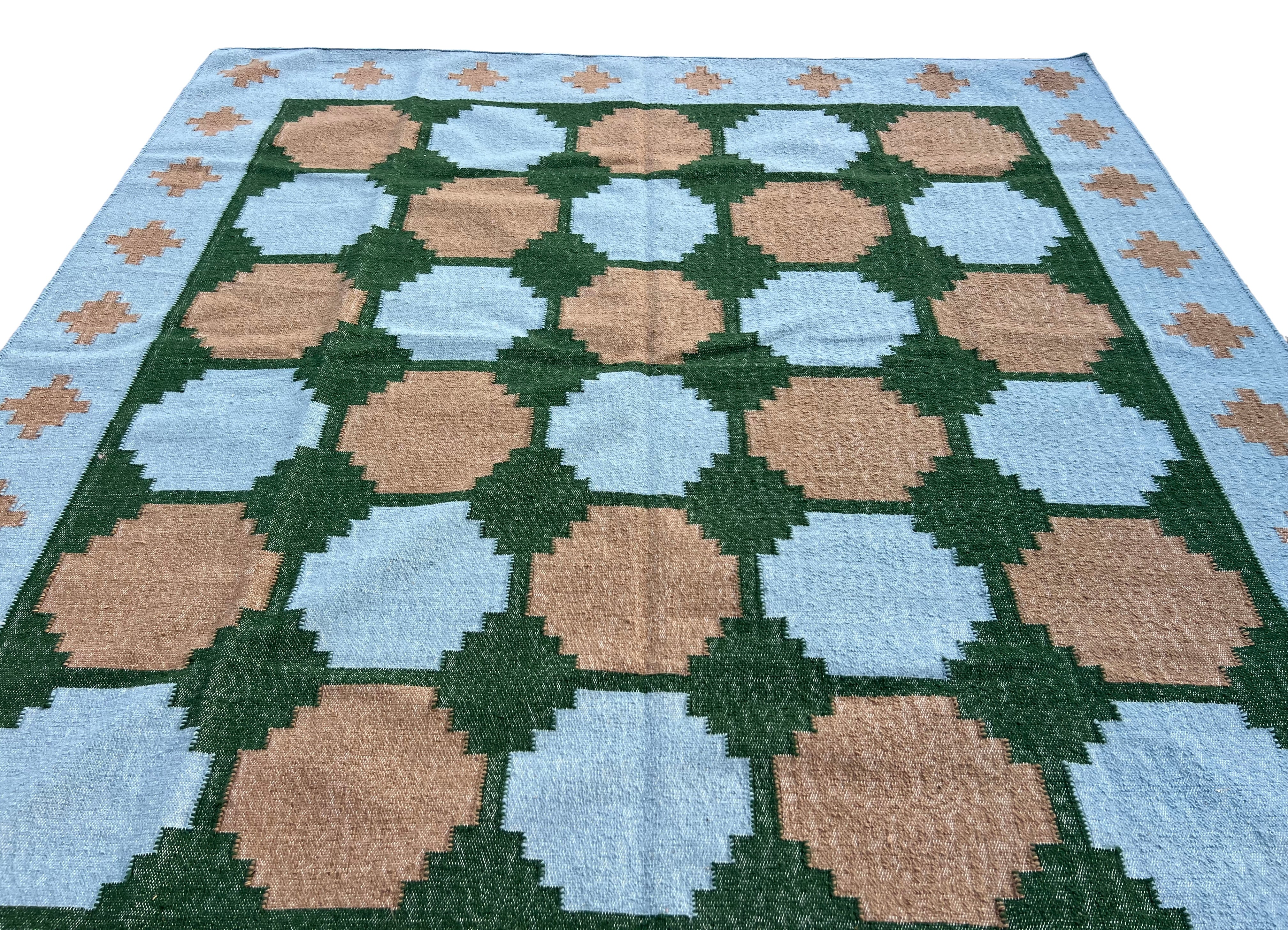 Modern Handmade New Zealand Wool Sky Blue, Beige And Green Tile Swedish Rug-6810