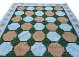 Modern Handmade New Zealand Wool Sky Blue, Beige And Green Tile Swedish Rug-6810