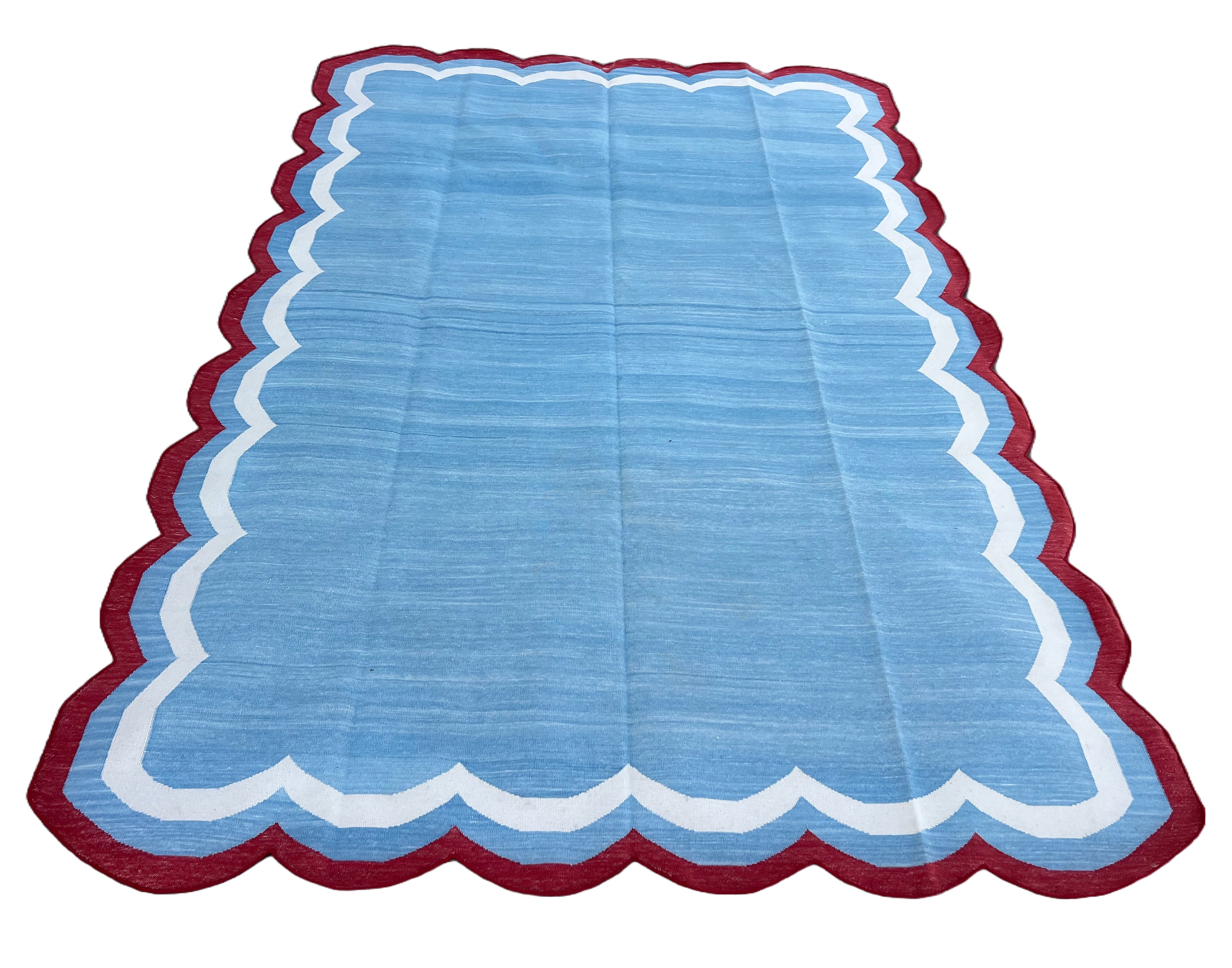 Modern Handmade Cotton Sky Blue, Cream and Red Scalloped Rug-9651