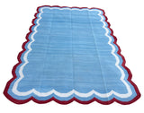 Modern Handmade Cotton Sky Blue, Cream and Red Scalloped Rug-9651