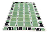 Modern Handmade Cotton Area Flat Weave Rug, Natural Vegetable Dyed, Green And Brown Geometric Indian Dhurrie