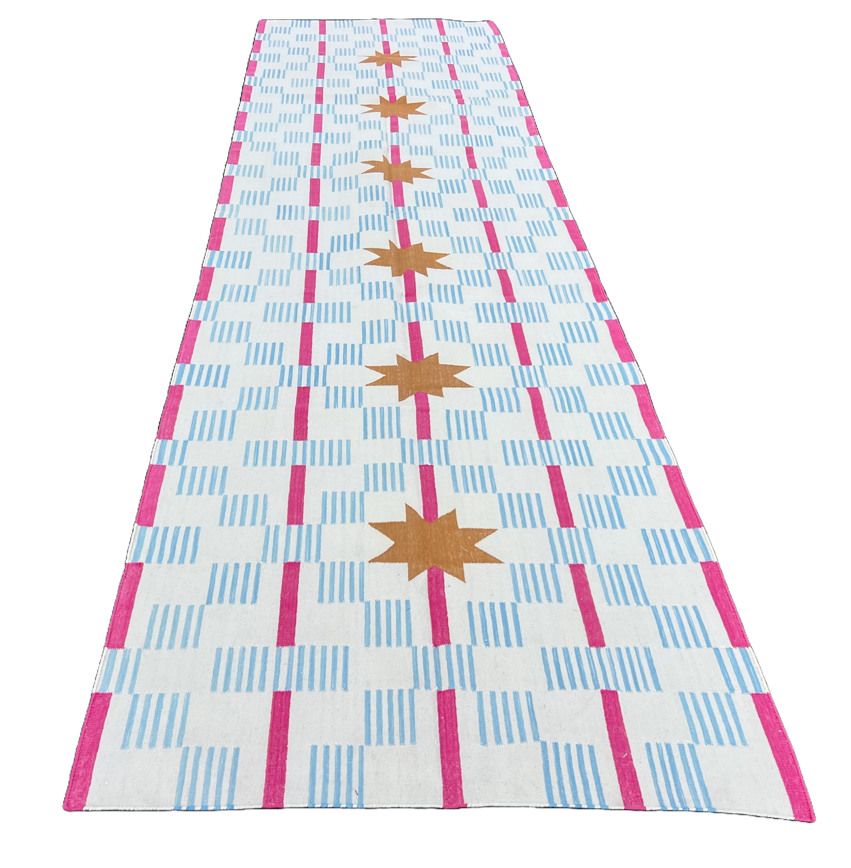 Modern Handmade Cotton Cream, Sky Blue Tan And Pink 4x14 Feet Star And Dash Runner-6749