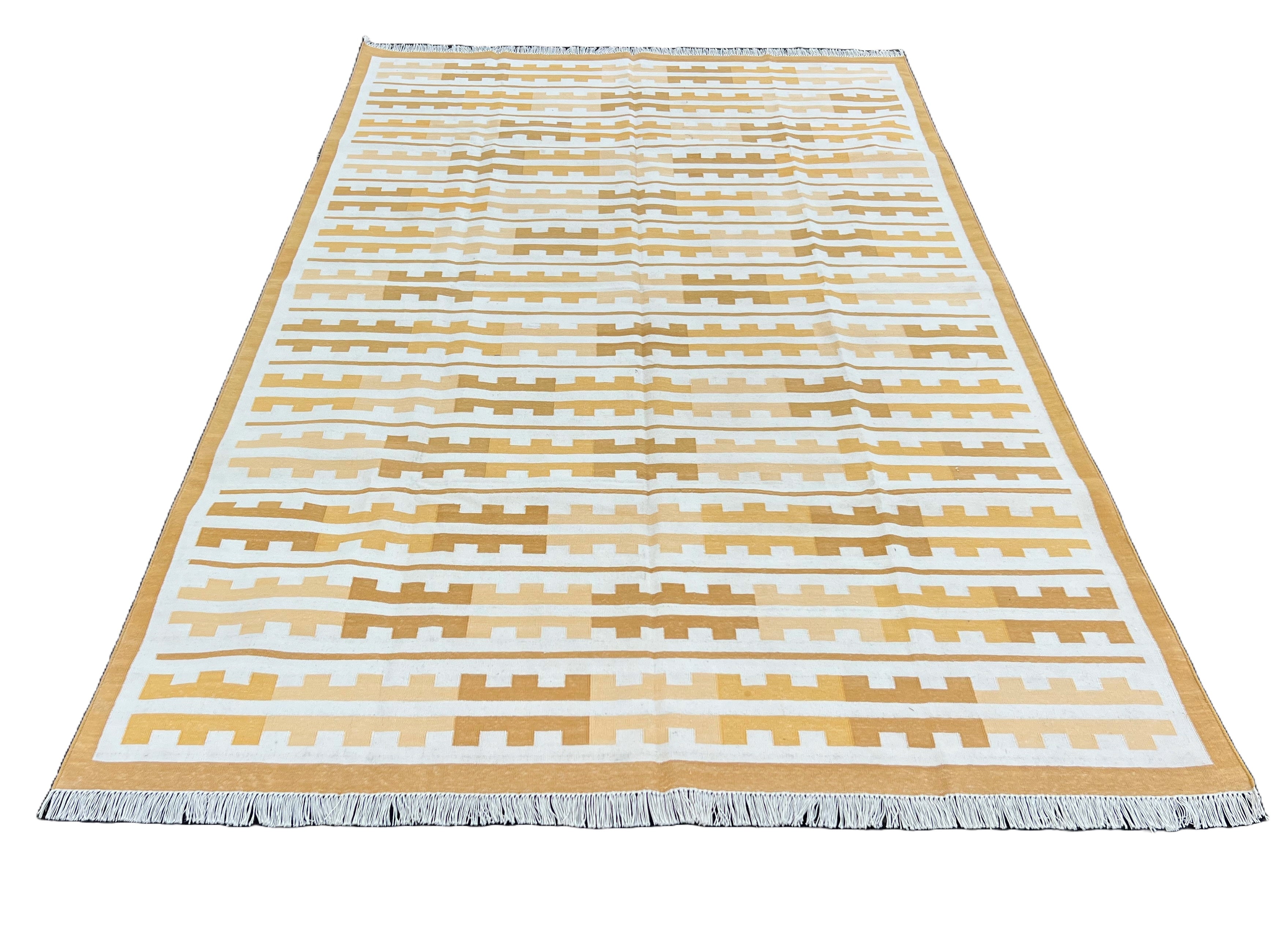 Modern Handmade Cotton Yellow And Cream Marianne Striped Indian Dhurrie Rug-6762