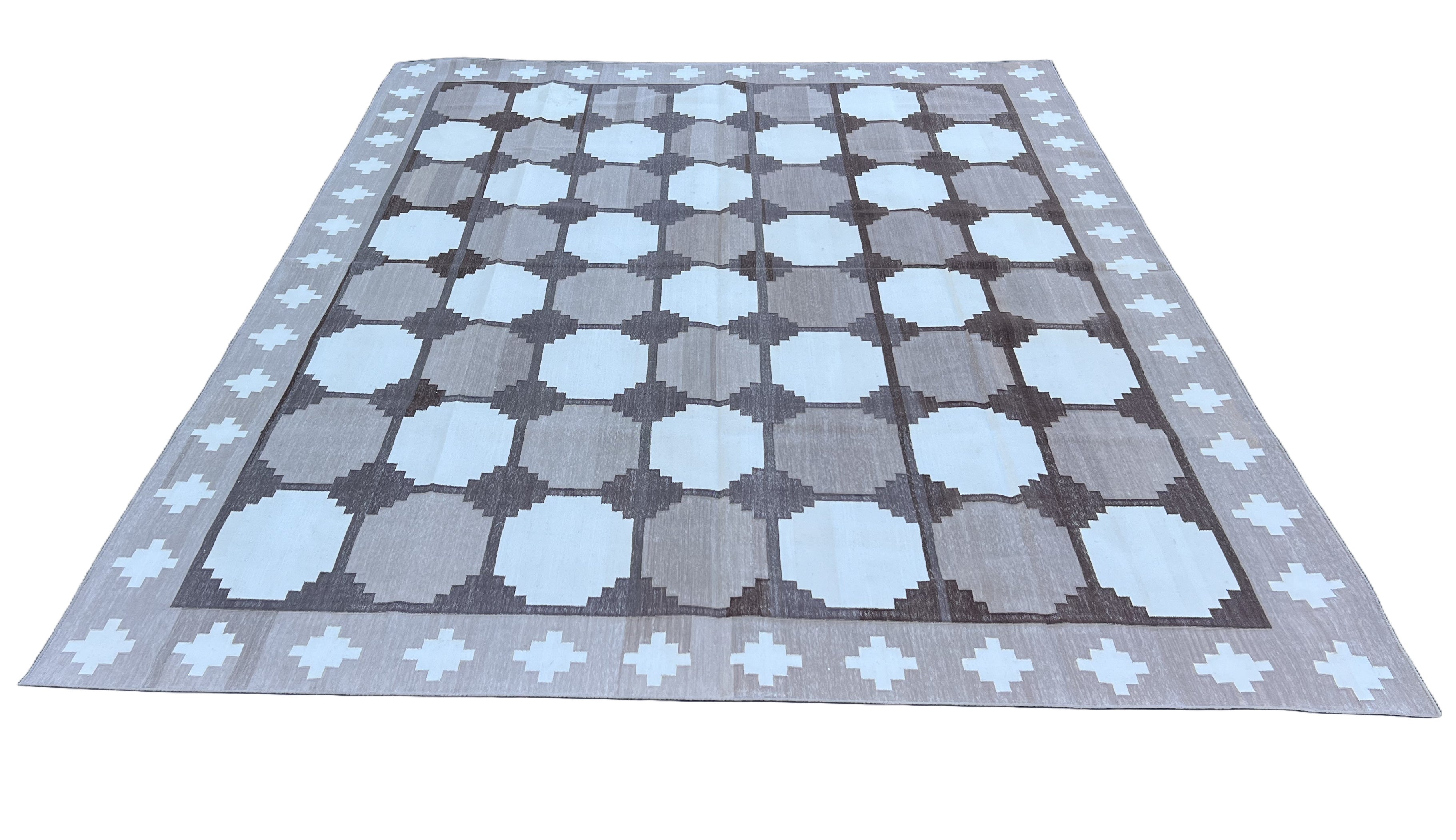 Modern Handmade Cotton Beige And Brown Geometric Swedish Star Rug-6759