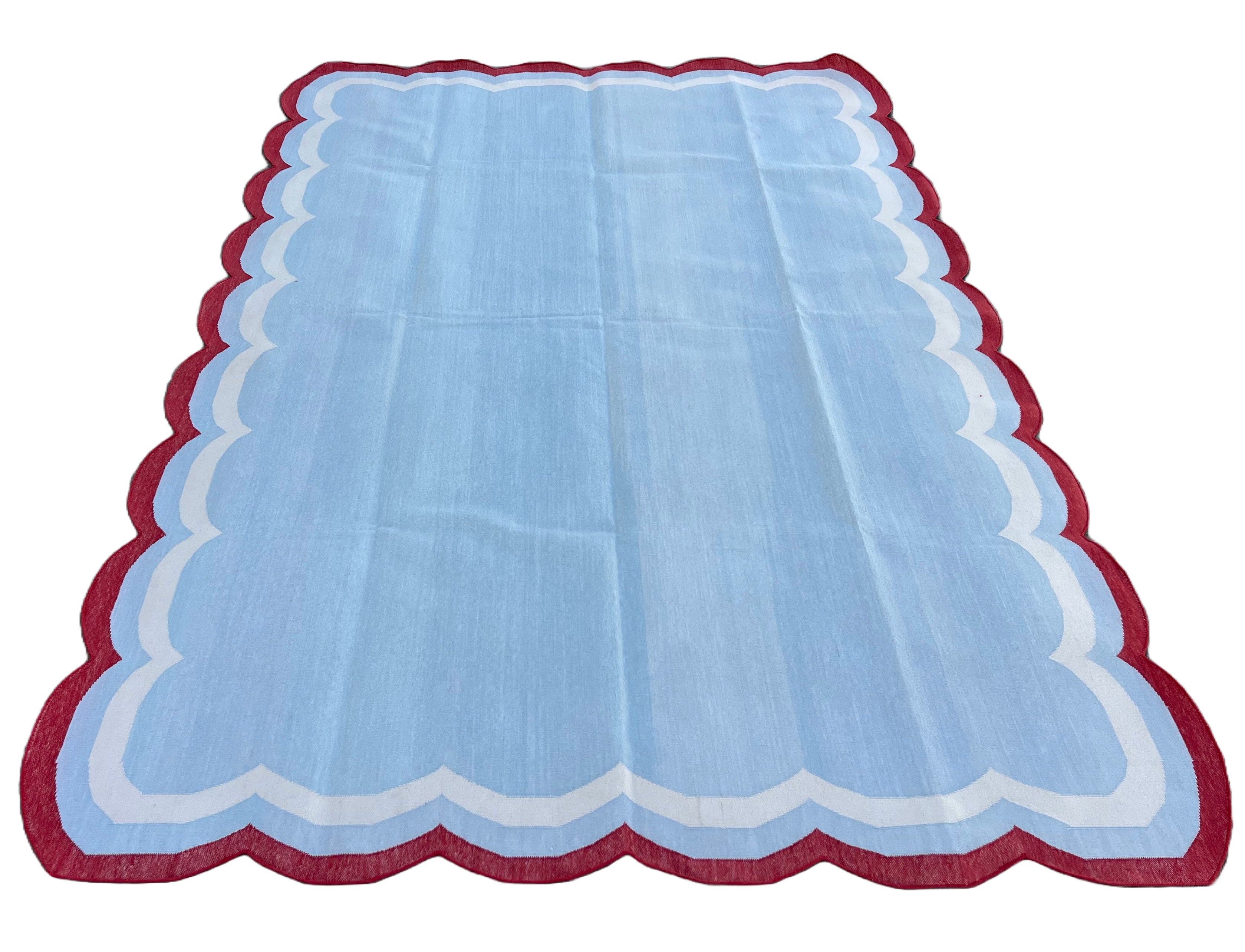 Modern Handmade Cotton Sky Blue, Cream and Red Scalloped Rug-9648