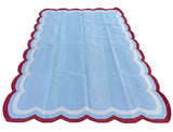 Modern Handmade Cotton Sky Blue, Cream and Red Scalloped Rug-9648