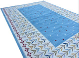 Modern Handmade Cotton Area Flat Weave Rug, Natural Vegetable Dyed, Sky Blue And Cream Leaf Indian Dhurrie