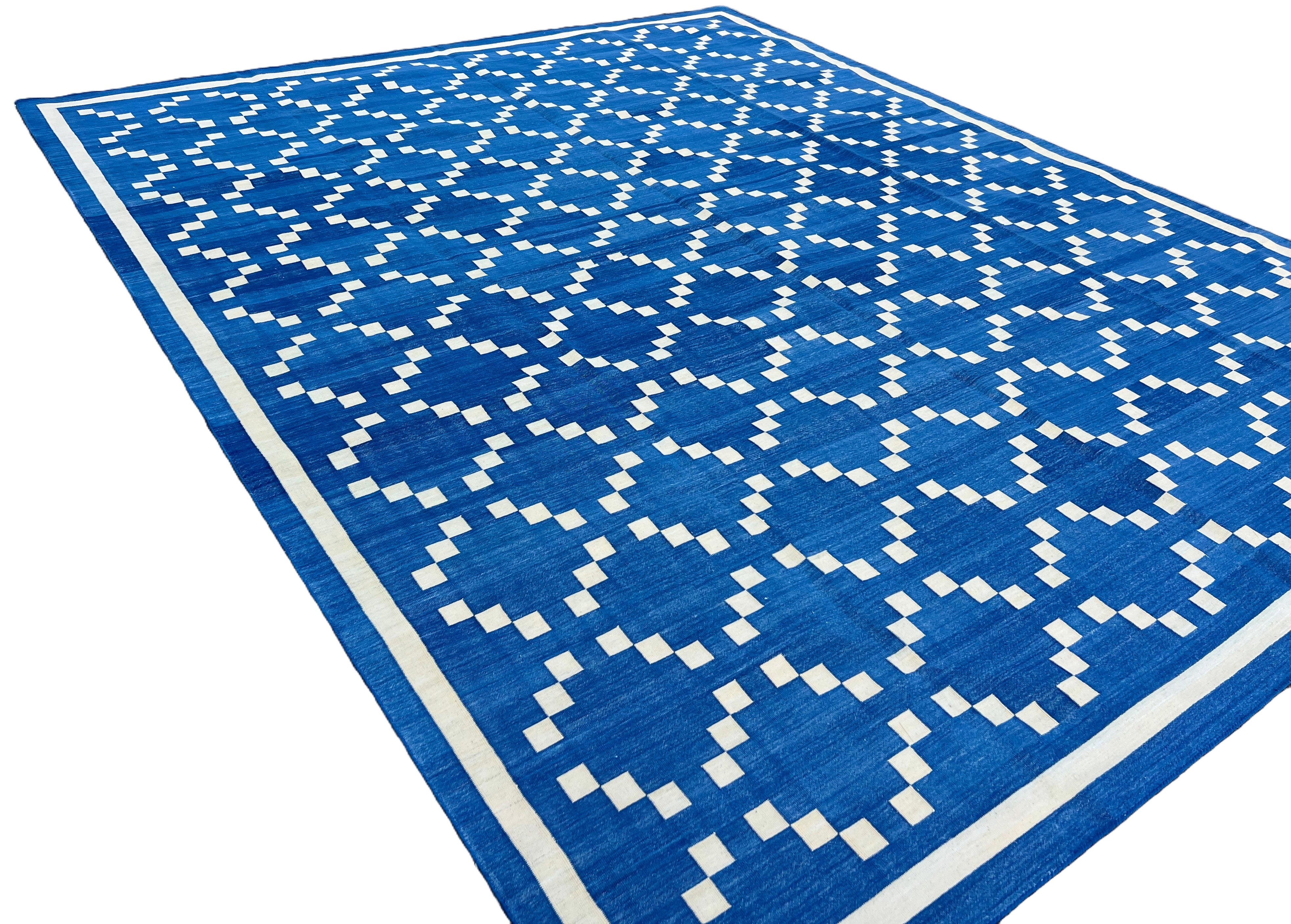Modern Handmade Cotton Indigo Blue And Cream Diamond Rug-6738
