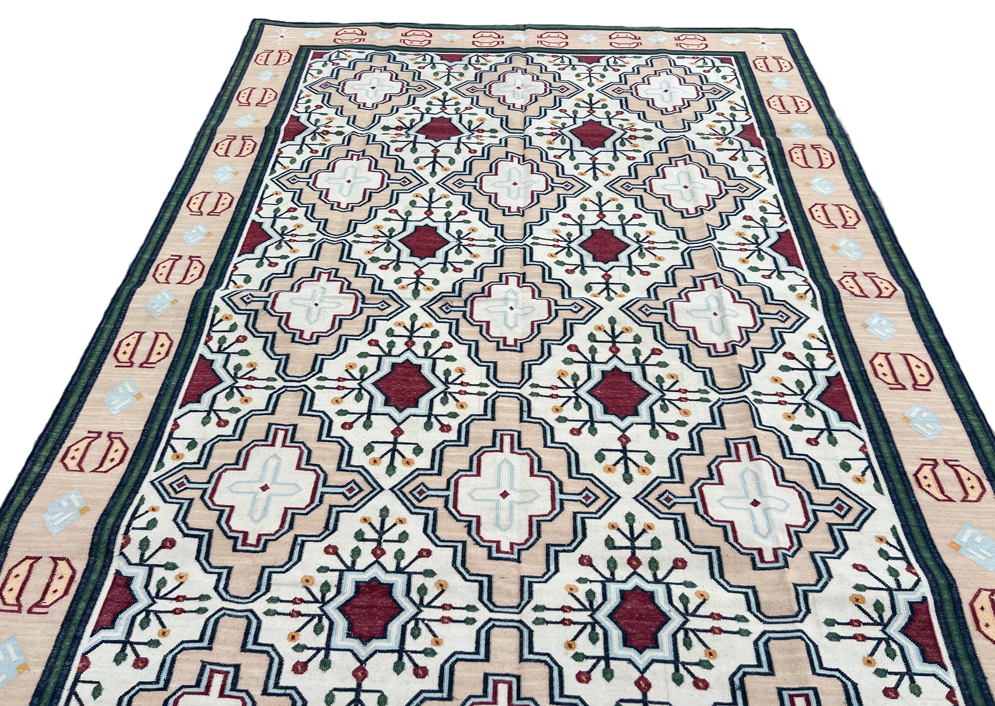 Modern Handmade Cotton Cream, Peach Red Leaf Geometric Indian Dhurrie-6741