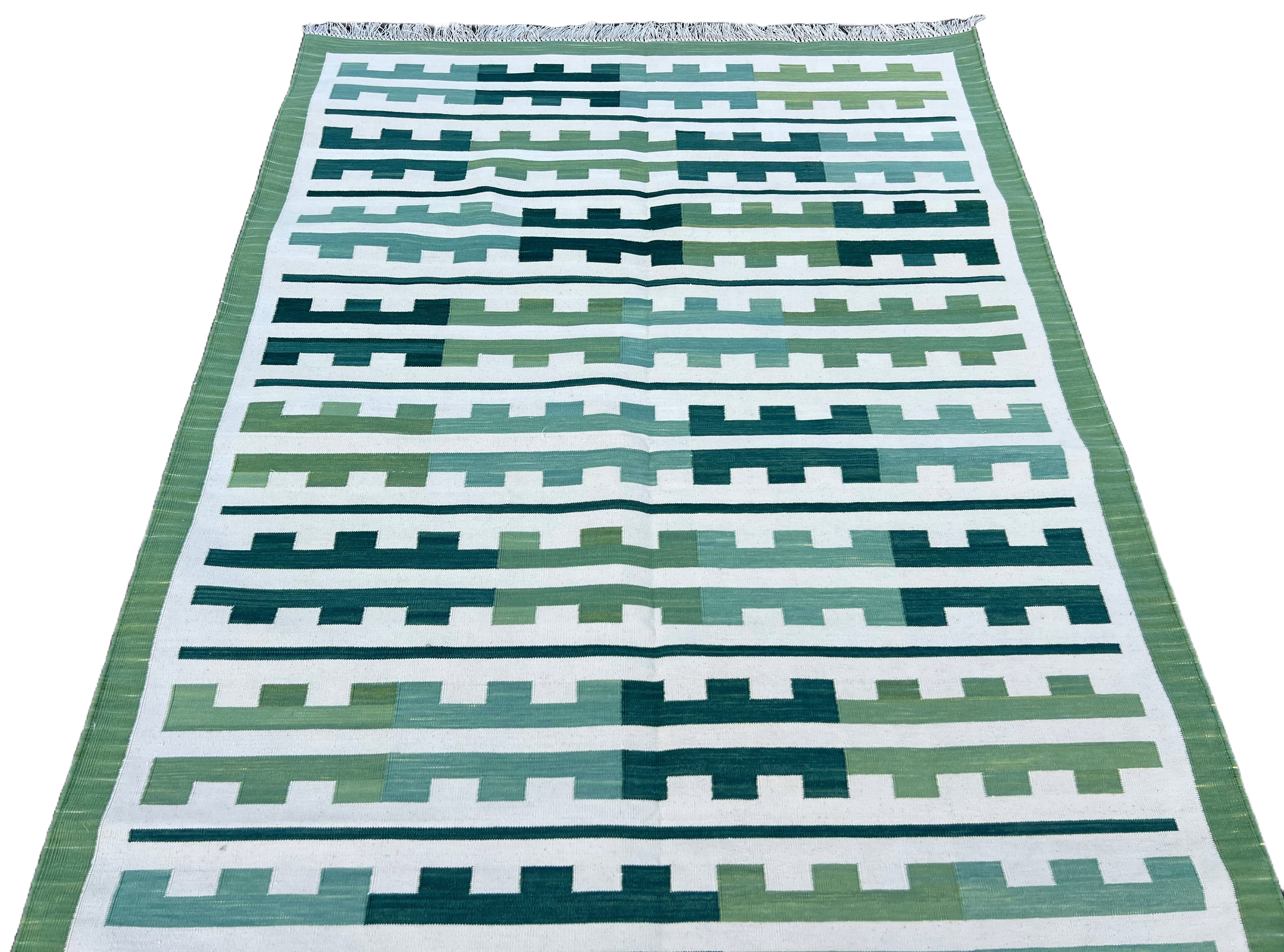 Modern Handmade Cotton Green And Cream Marianne Striped Rug-6739