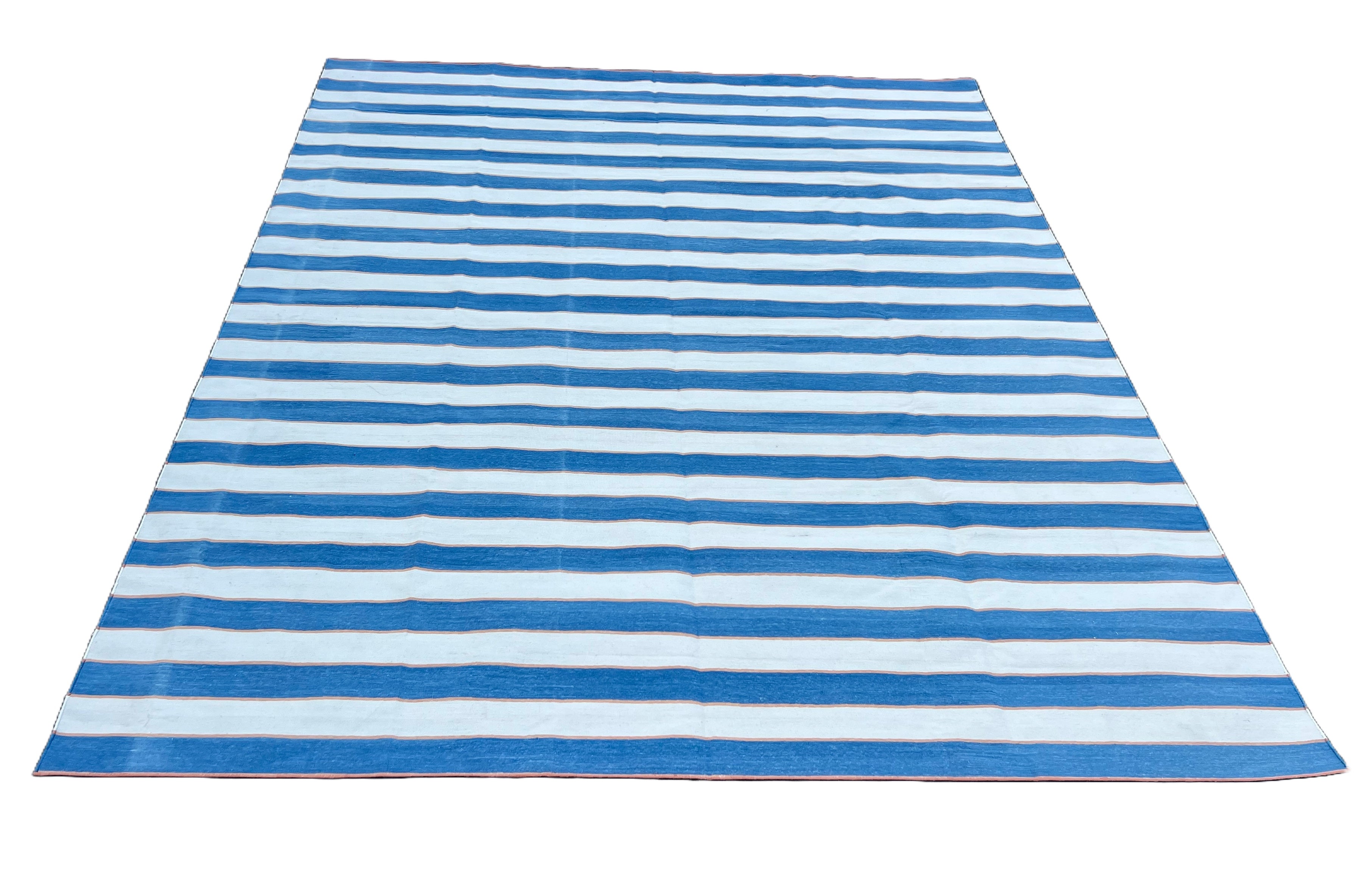 Modern Handmade Cotton Blue And Cream Striped Rug-6702