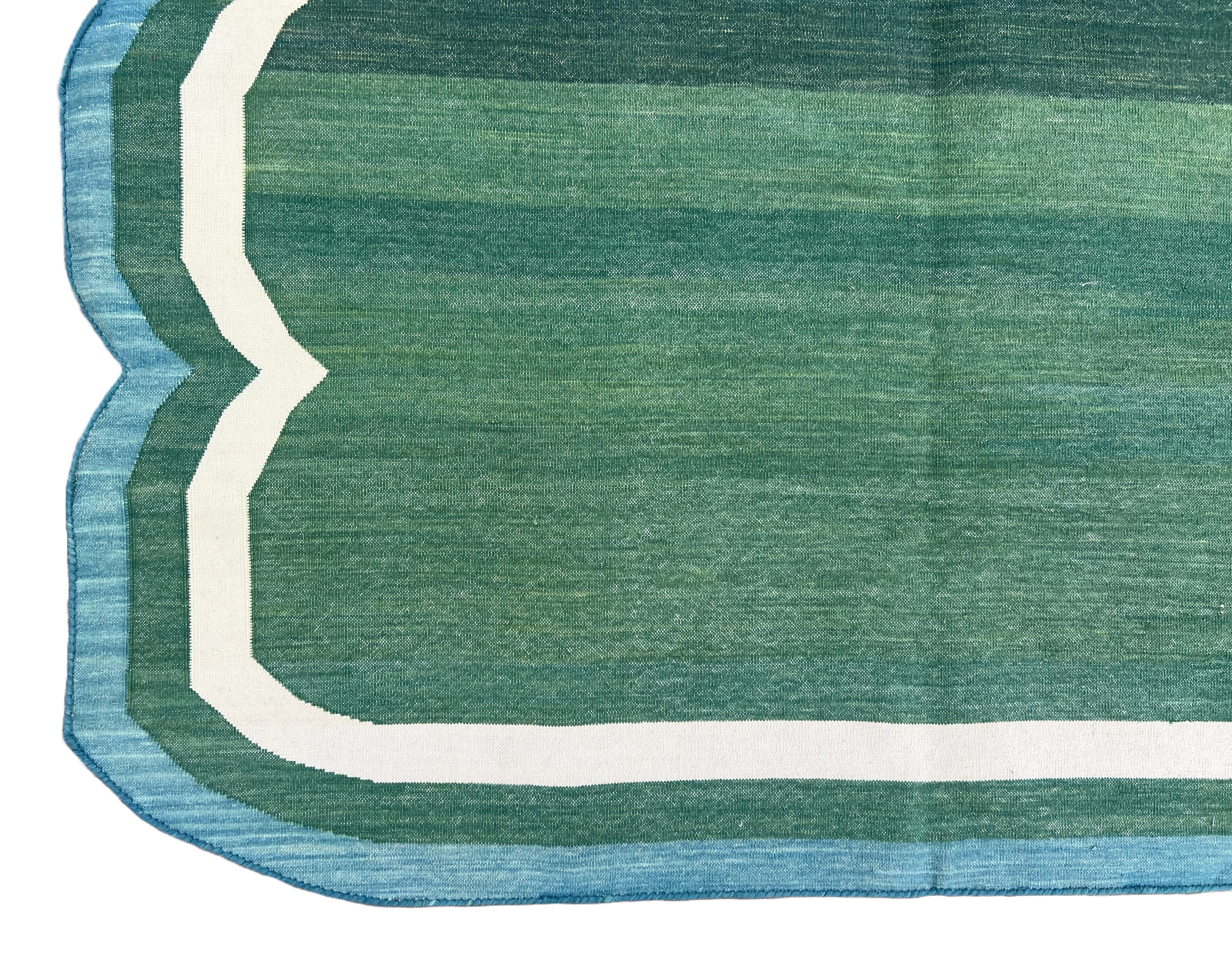 Modern Handmade Cotton Forest Green, Cream and Teal Blue Scalloped Rug-9649