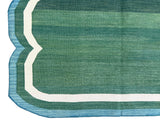 Modern Handmade Cotton Forest Green, Cream and Teal Blue Scalloped Rug-9649