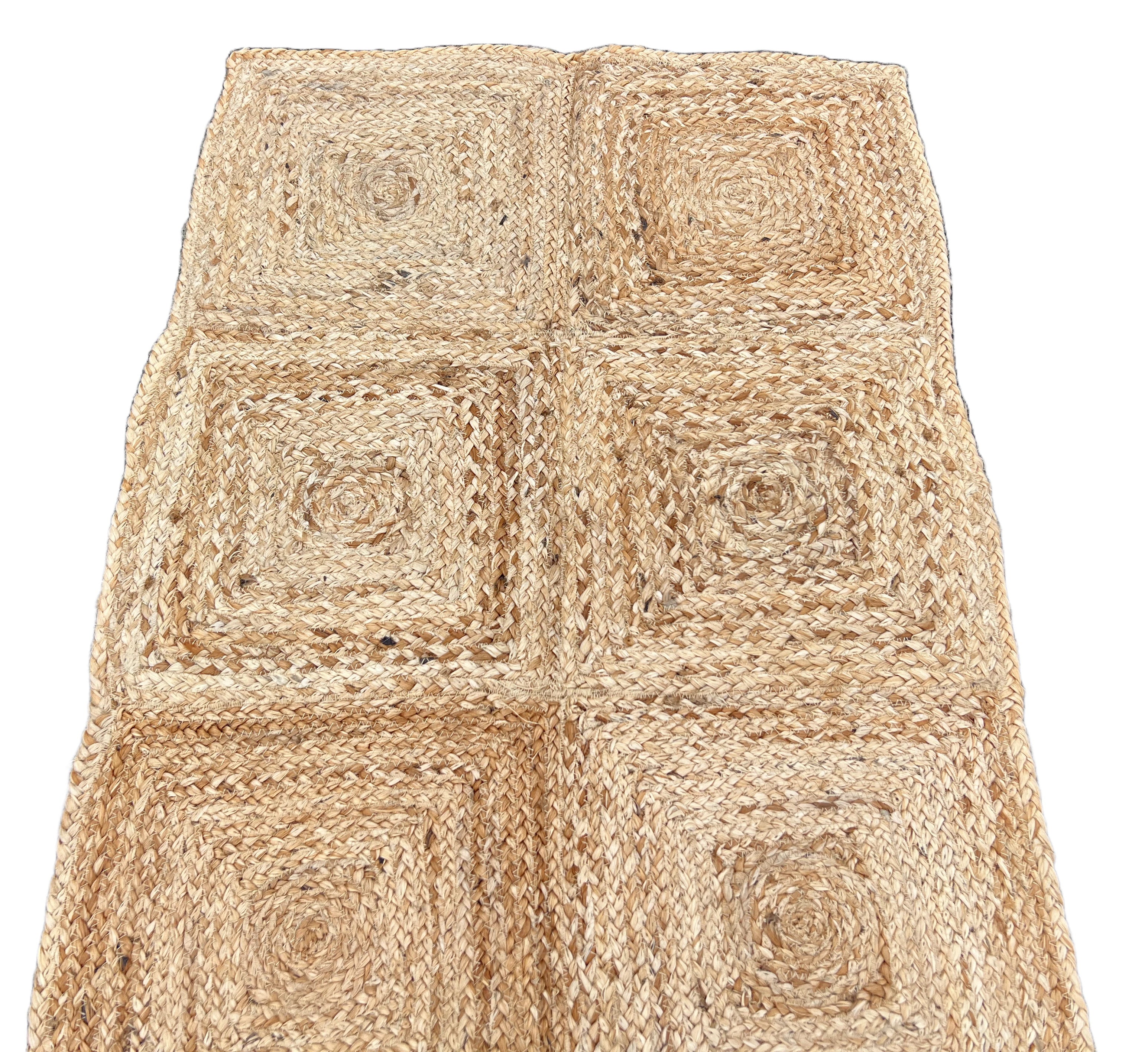 Modern Handmade Natural Jute Checked Blocked Rug Indian Dhurrie -8044