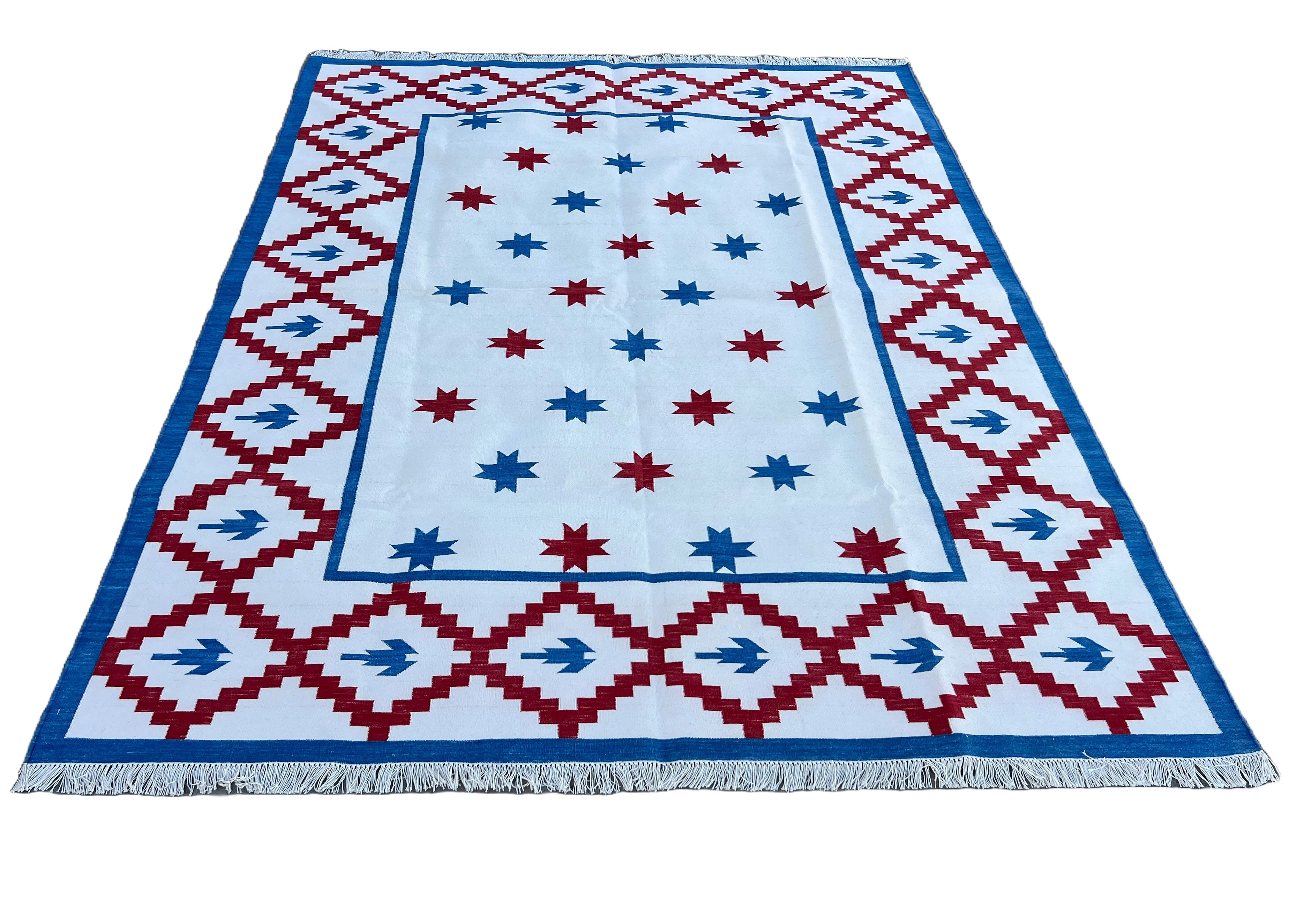 Modern Handmade Cotton Cream, Blue And Red Geometric/ Star Rug - MC-6726