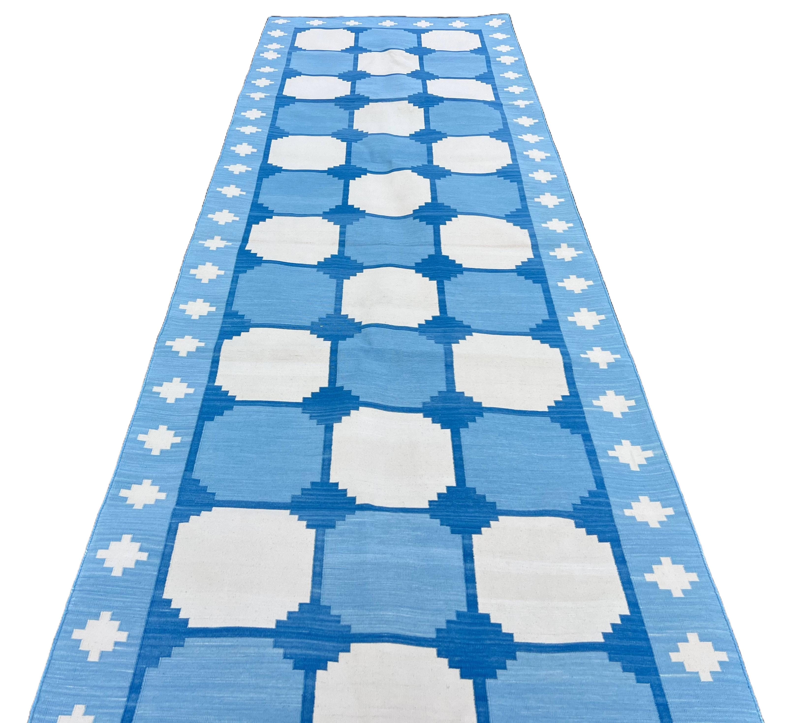 Modern Handmade Cotton Sky Blue And White Tile Swedish Runner-6733