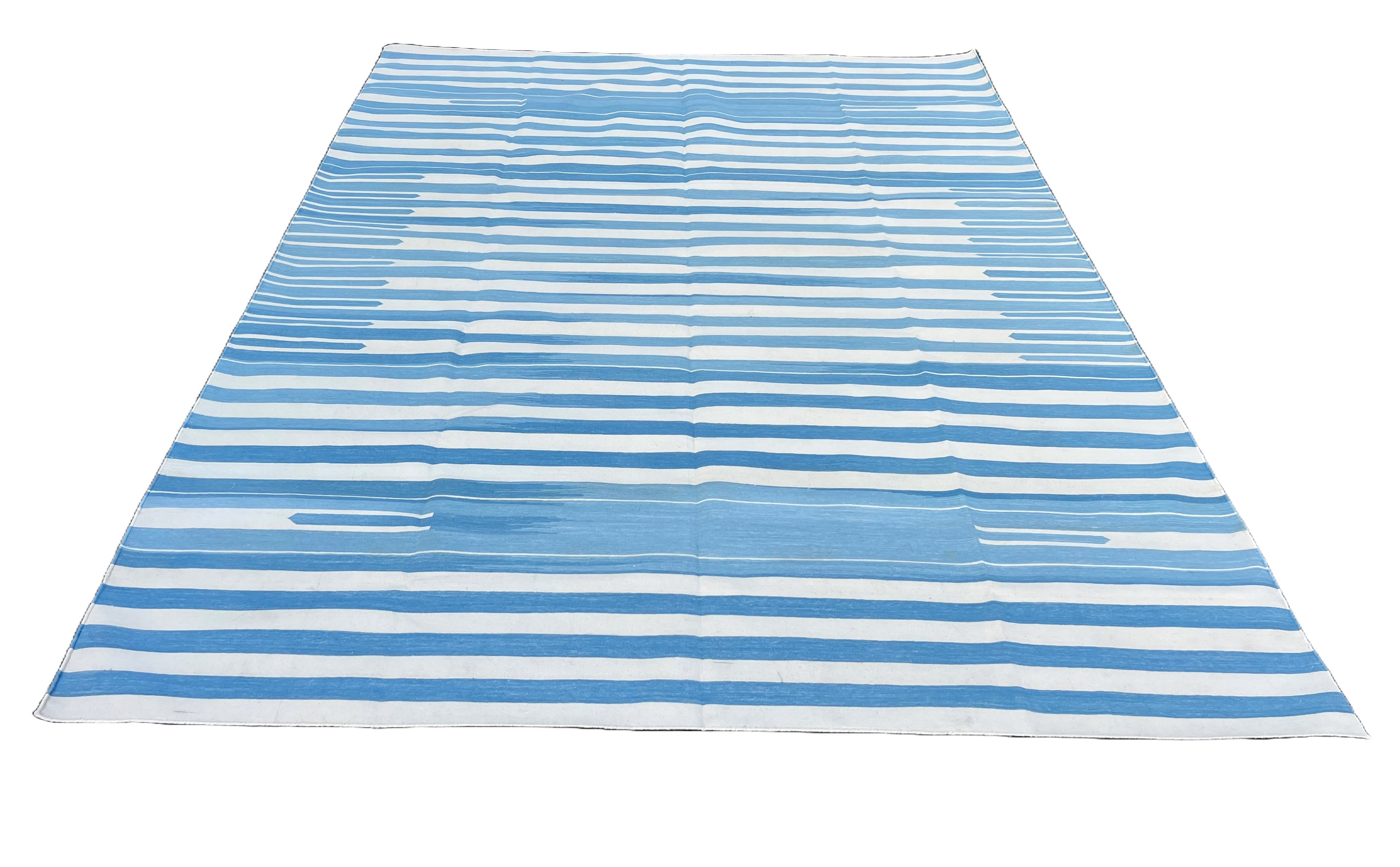 Modern Handmade Cotton Blue And White Candle Striped Rug-6745
