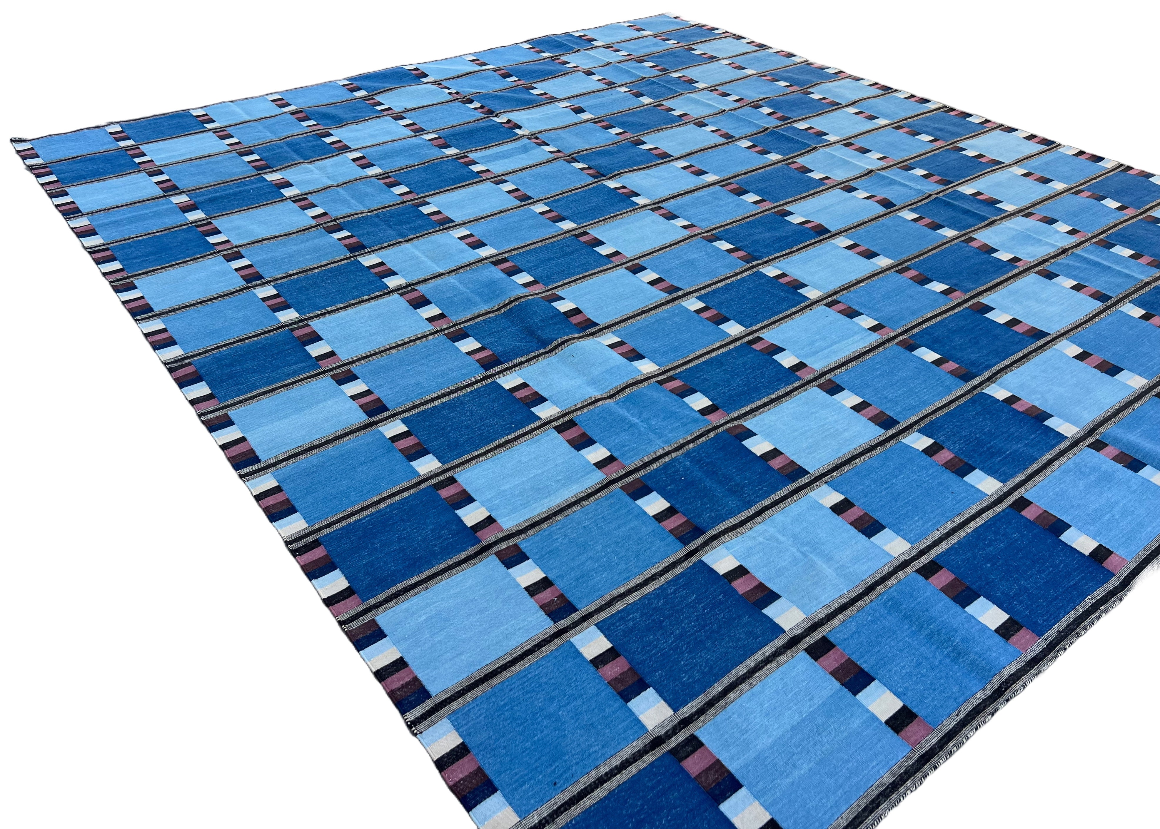 Modern Handmade Cotton Area Flat Weave Rug, Blue, Cream And Brown Checked Dhurrie-6724