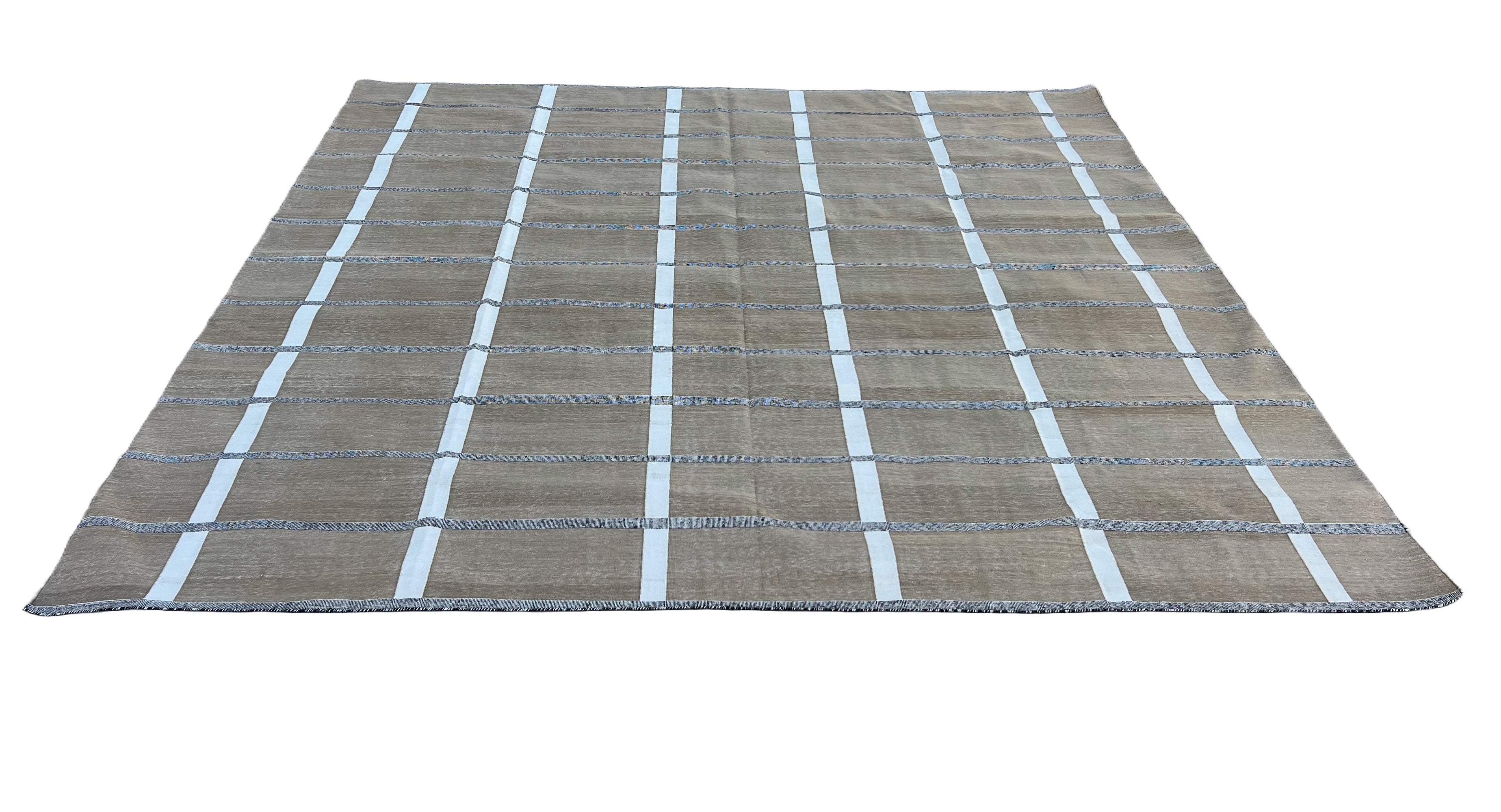 Modern Handmade Cotton Area Flat Weave Rug, Beige And Cream Checked Indian Dhurrie-6725