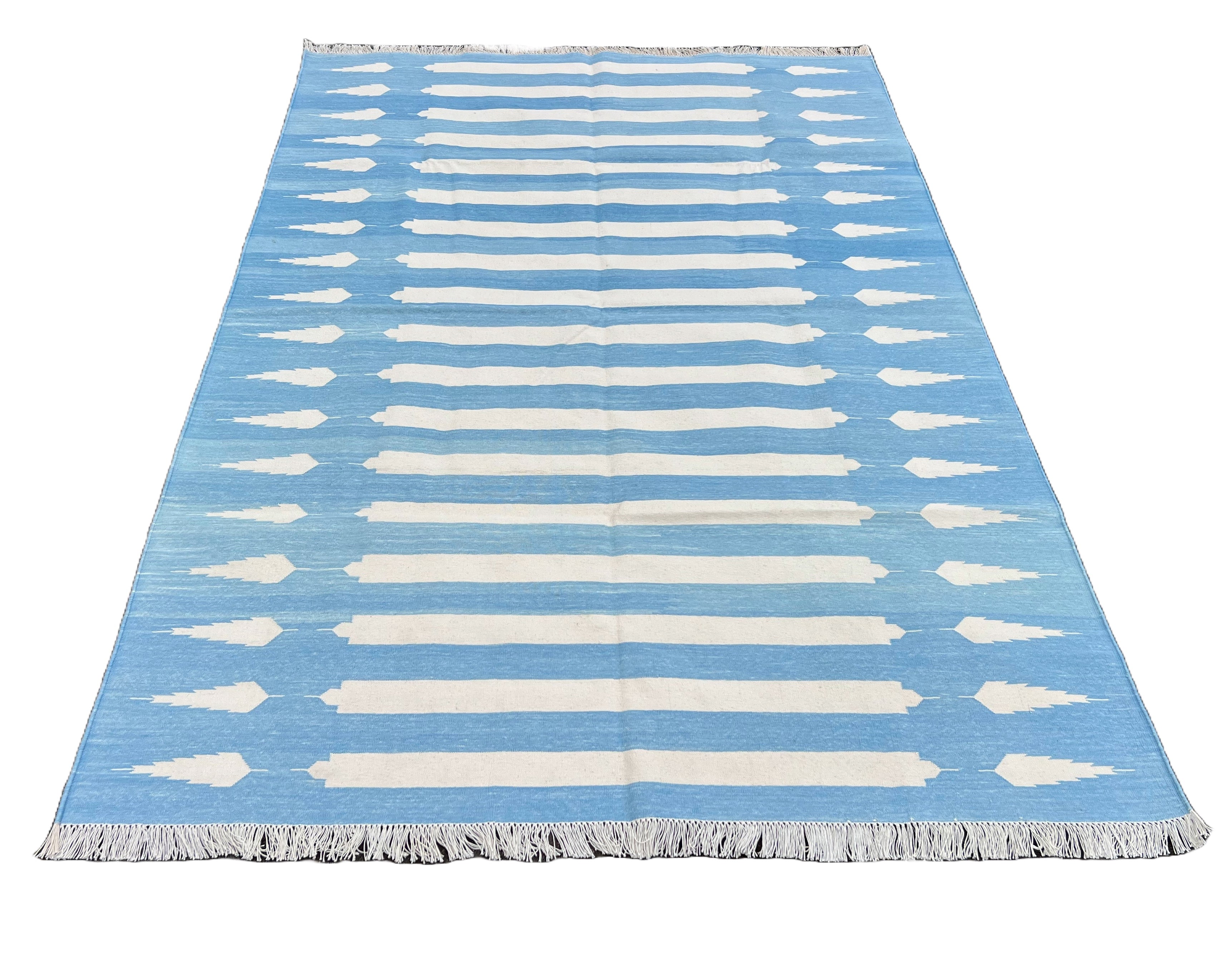 Modern Handmade Cotton Sky Blue And White Arrow Striped Rug-6746