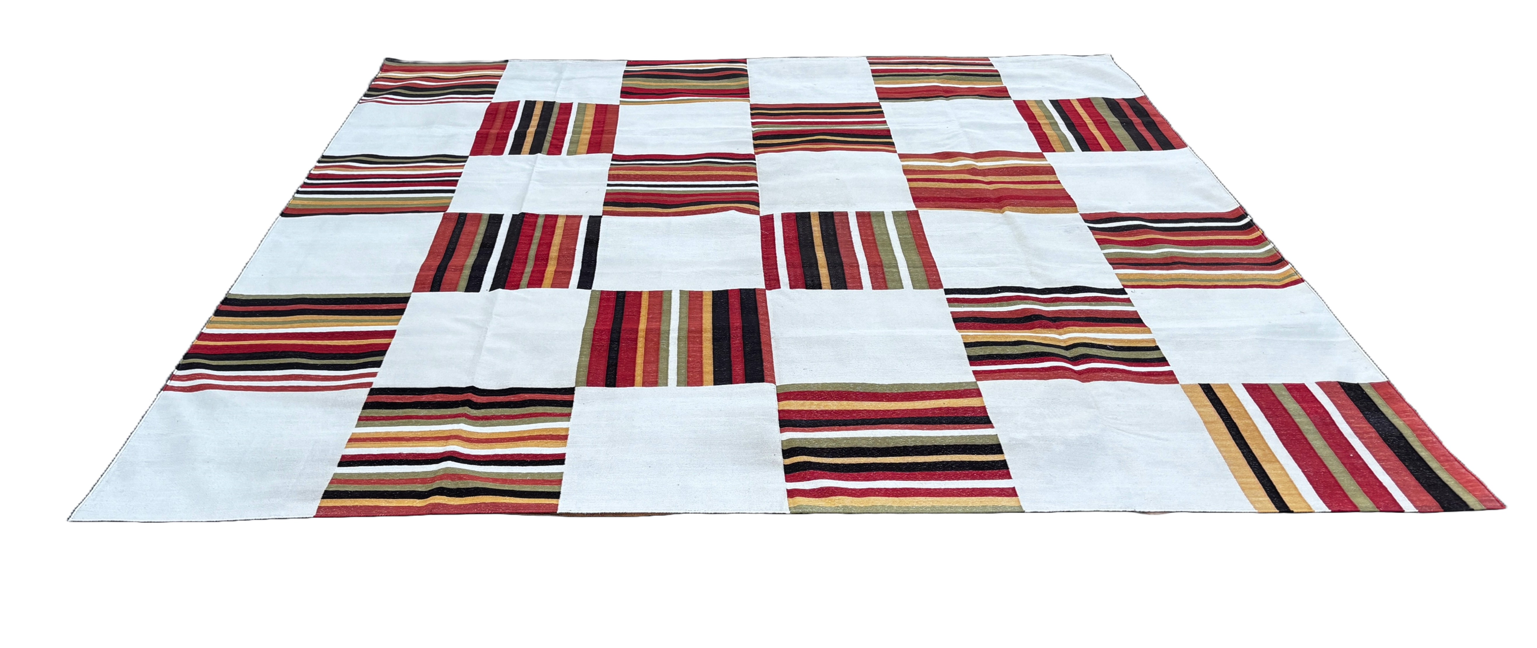Modern Handmade Cotton Rug, 10x10 Cream, Red, Green, Brown Tile Striped Rug-6768