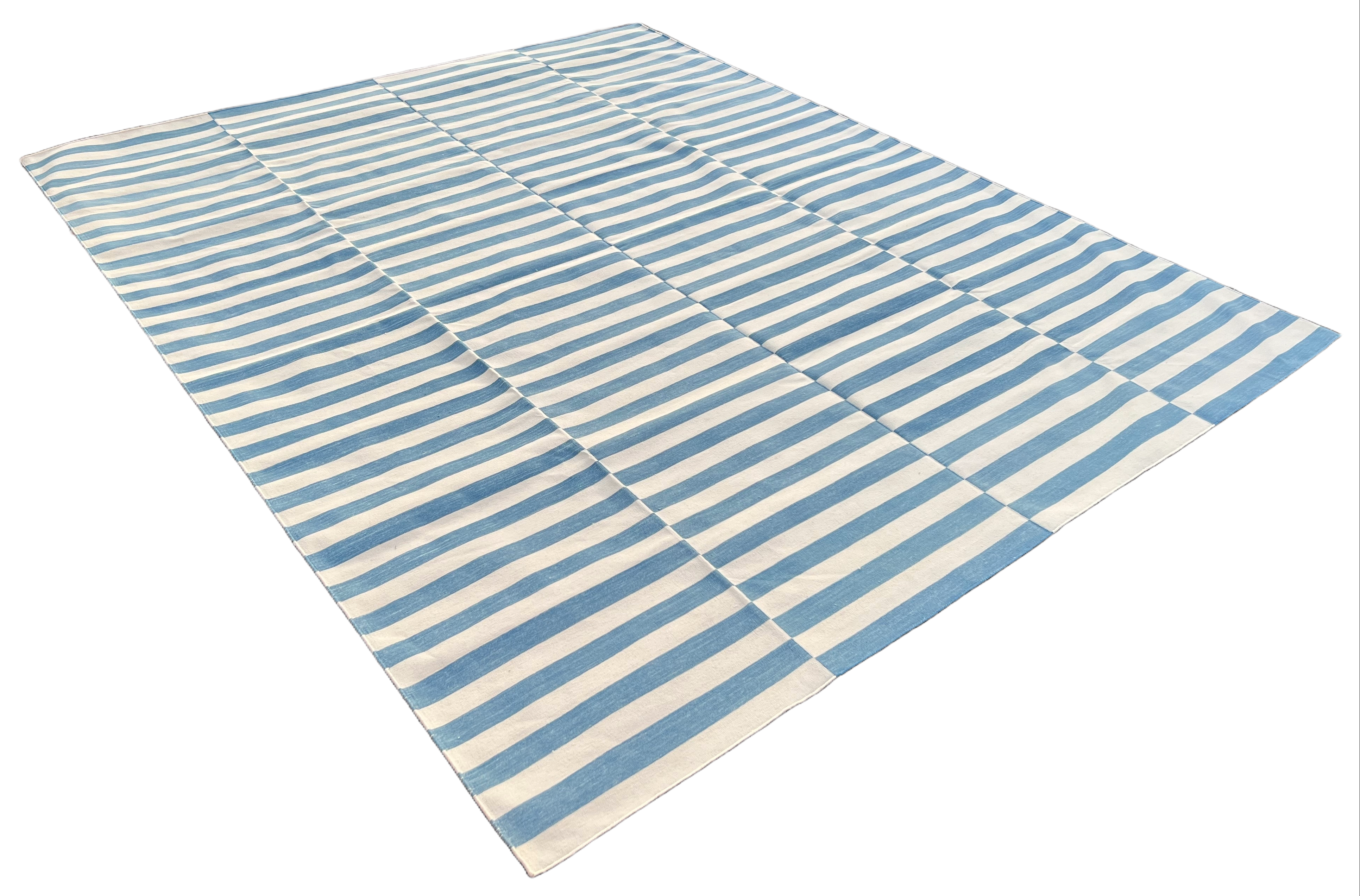 Modern Handmade Cotton Blue And White Flat Weave Up Down Striped Rug-6499