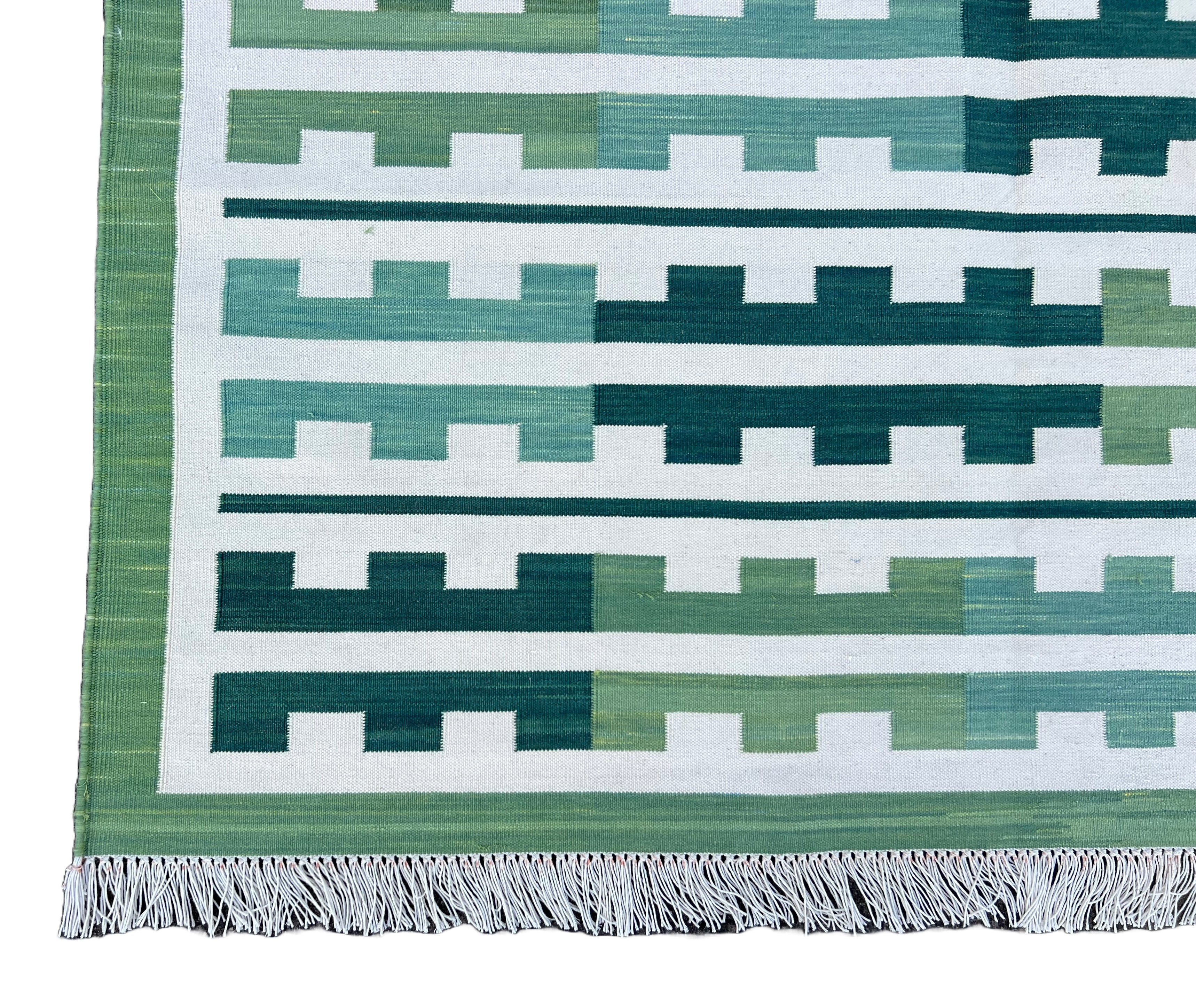 Modern Handmade Cotton Green And Cream Marianne Striped Rug-6739