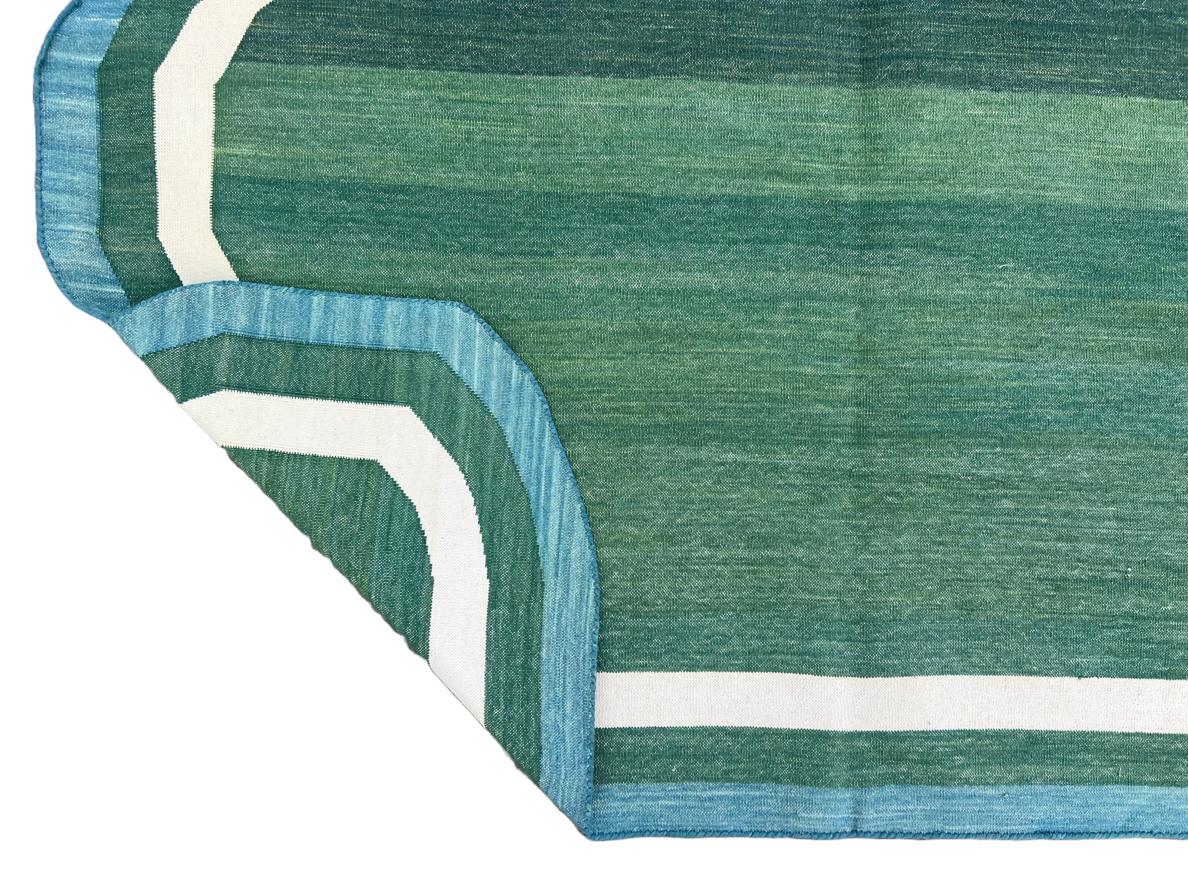 Modern Handmade Cotton Forest Green, Cream and Teal Blue Scalloped Rug-9649