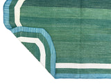 Modern Handmade Cotton Forest Green, Cream and Teal Blue Scalloped Rug-9649
