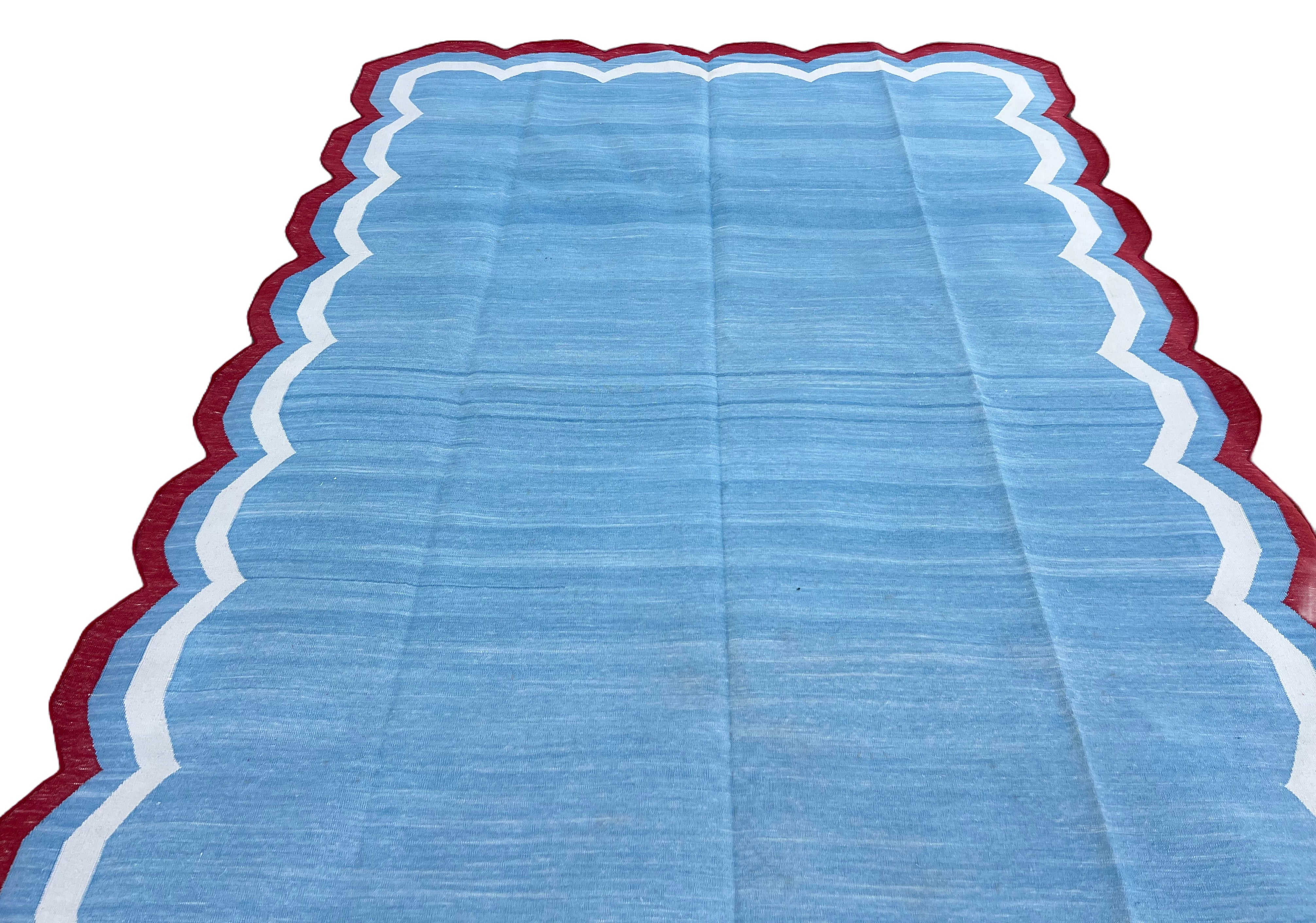 Modern Handmade Cotton Sky Blue, Cream and Red Scalloped Rug-9651