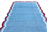 Modern Handmade Cotton Sky Blue, Cream and Red Scalloped Rug-9651