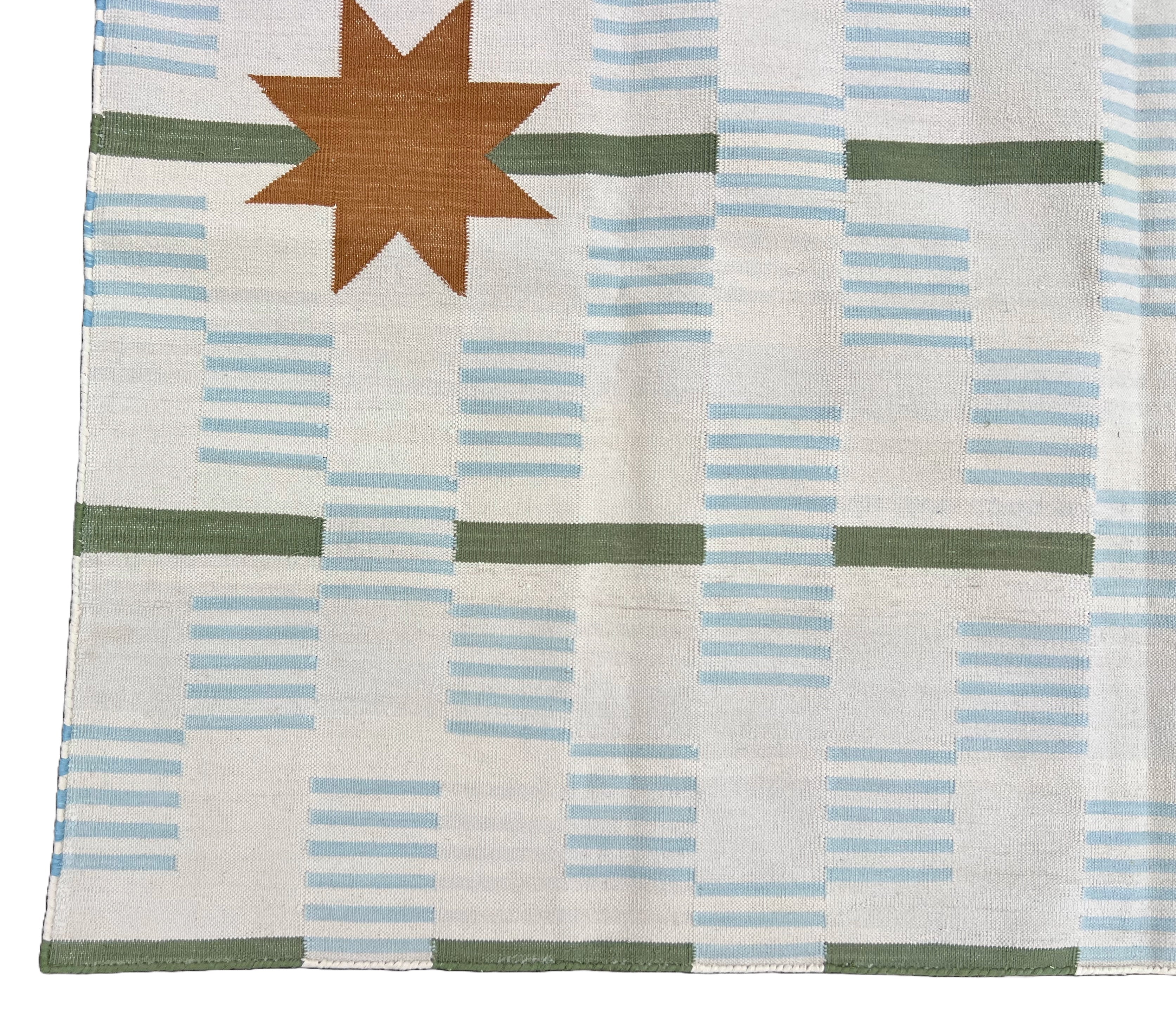 Modern Handmade Cotton Cream, Blue, Green And Tan Star Dash Striped Rug-6740