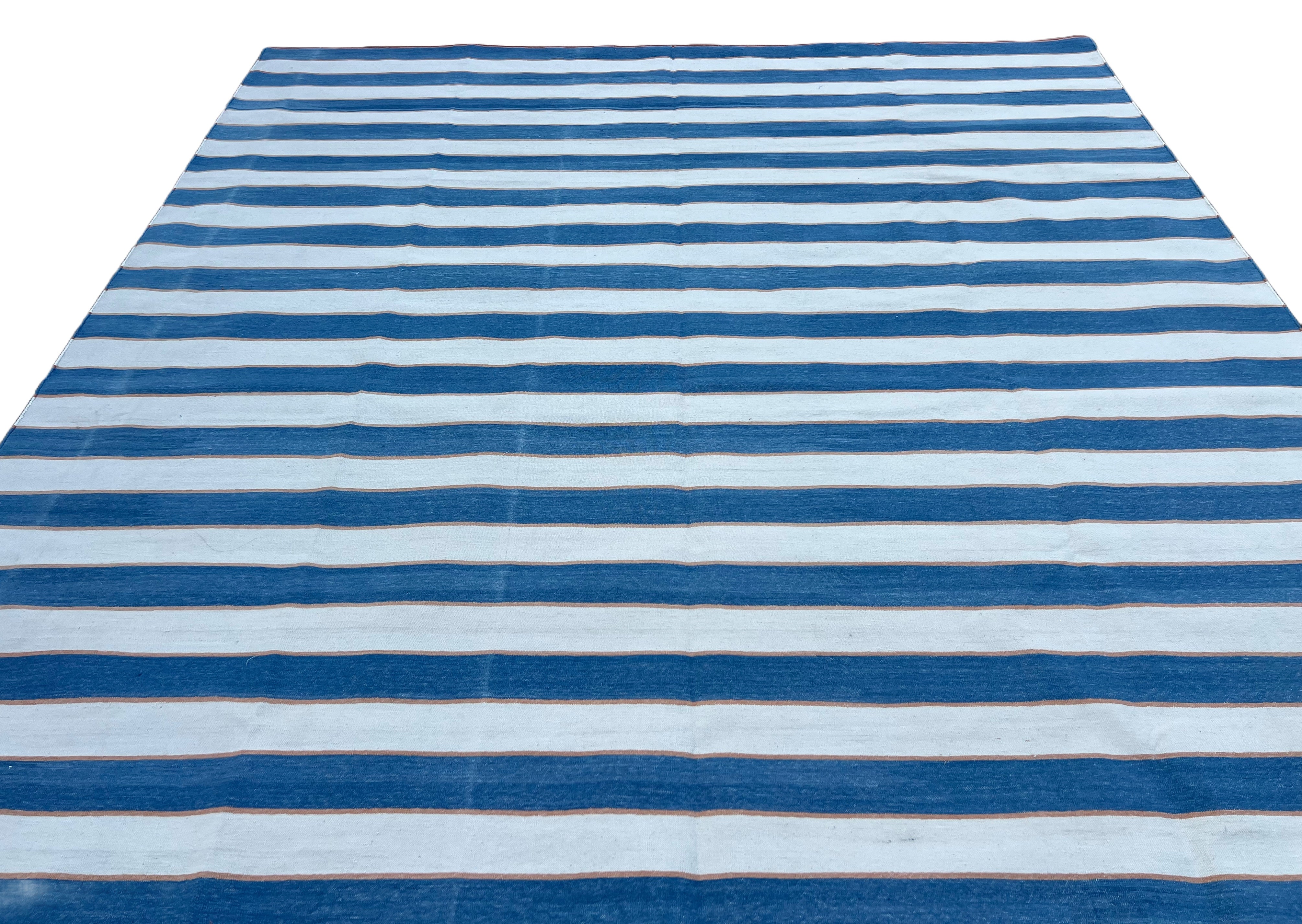 Modern Handmade Cotton Blue And Cream Striped Rug-6702