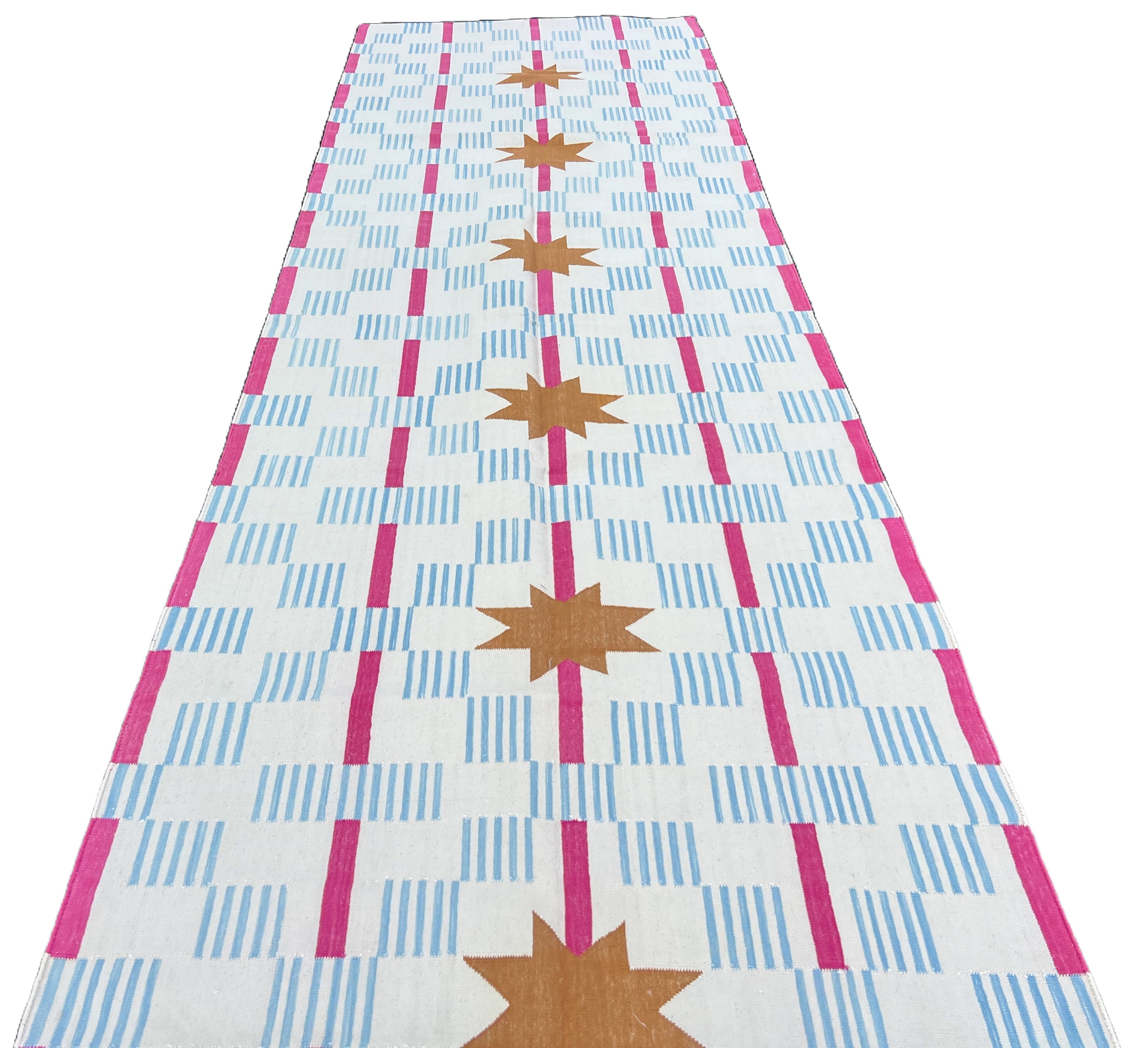 Modern Handmade Cotton Cream, Sky Blue Tan And Pink 4x14 Feet Star And Dash Runner-6749