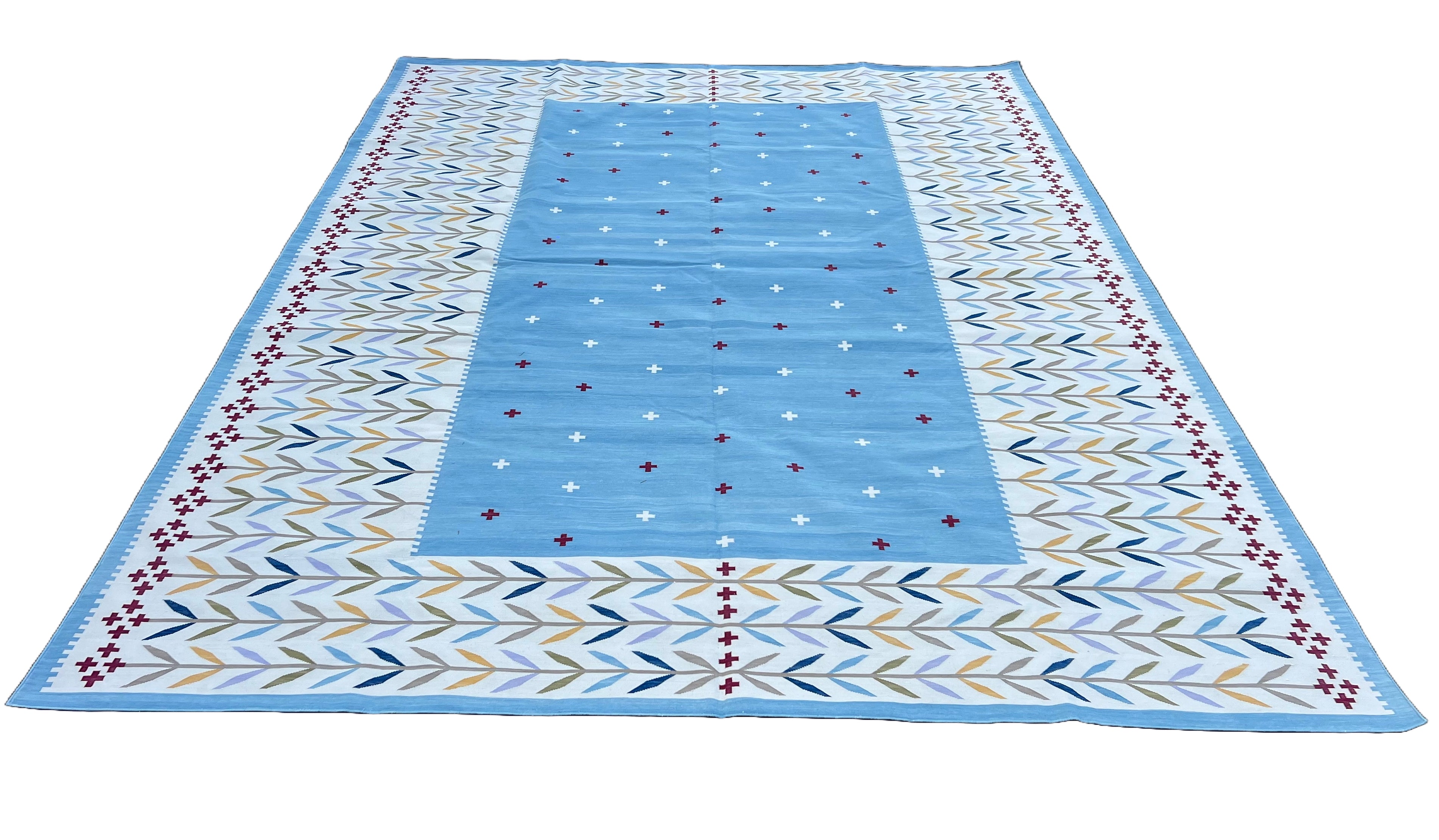 Modern Handmade Cotton Area Flat Weave Rug, Natural Vegetable Dyed, Sky Blue And Cream Leaf Indian Dhurrie