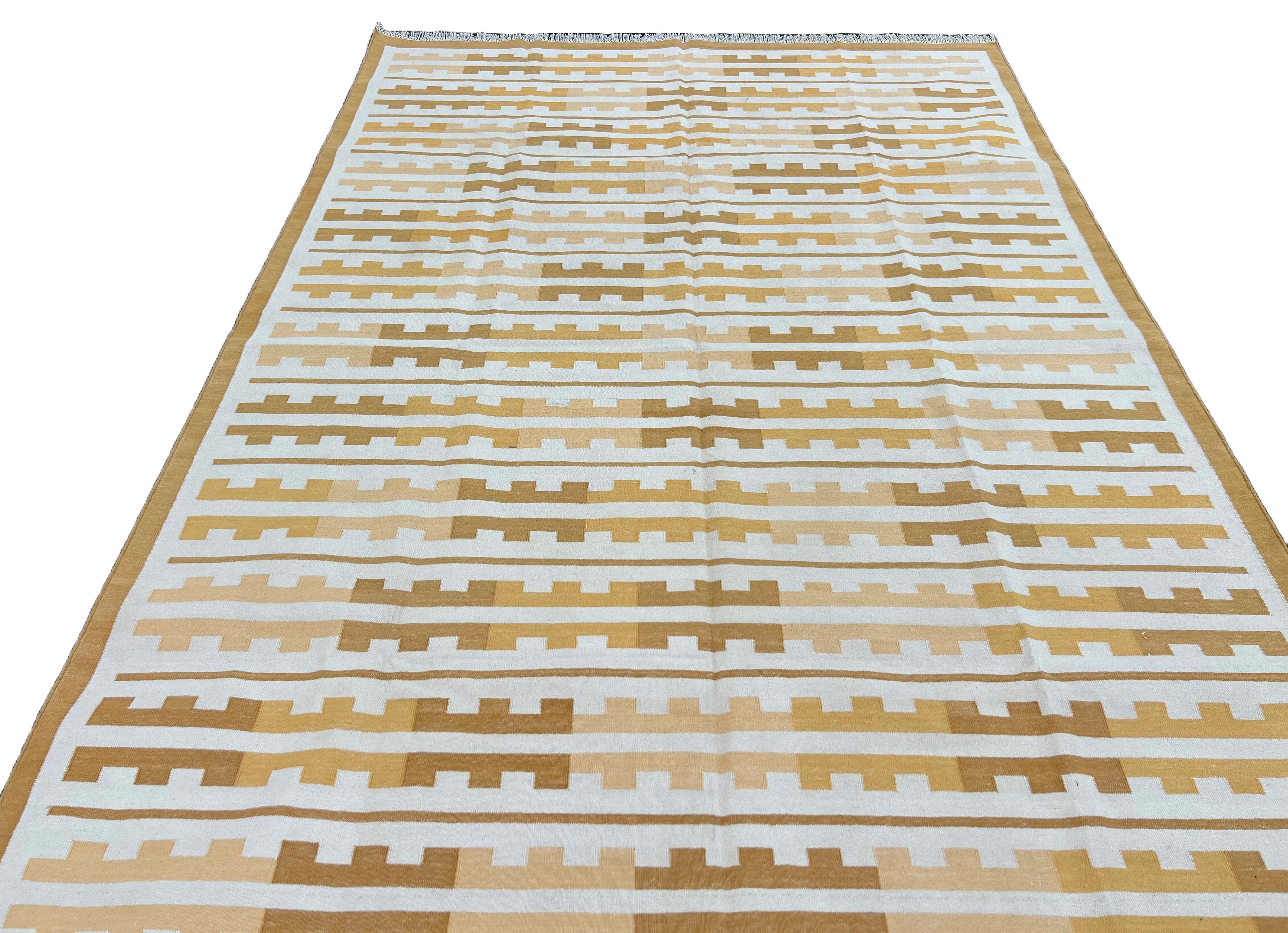 Modern Handmade Cotton Yellow And Cream Marianne Striped Indian Dhurrie Rug-6762