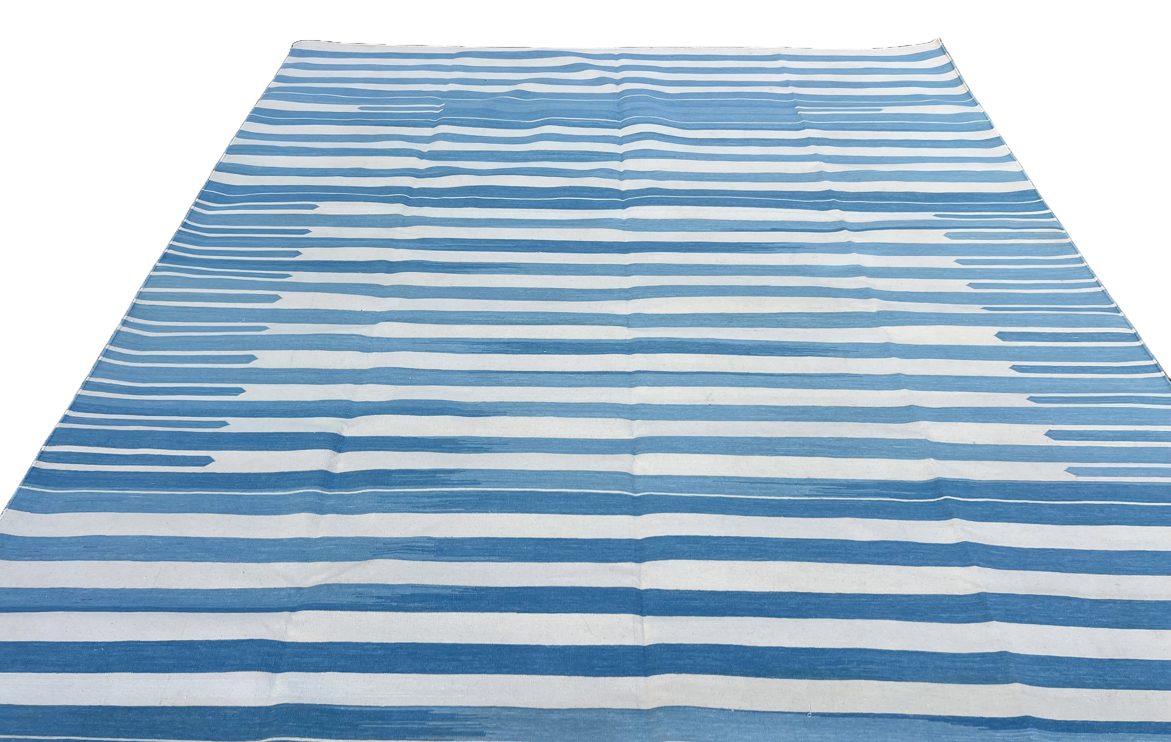 Modern Handmade Cotton Blue And White Candle Striped Rug-6745