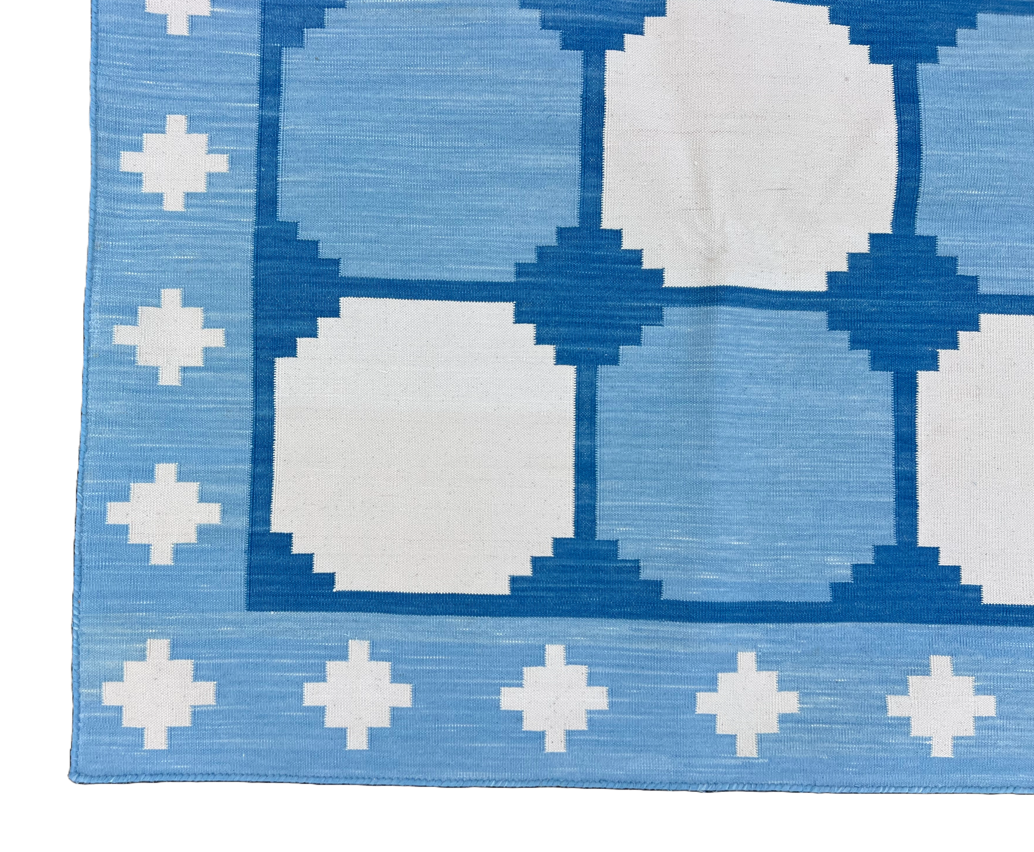 Modern Handmade Cotton Sky Blue And White Tile Swedish Runner-6733