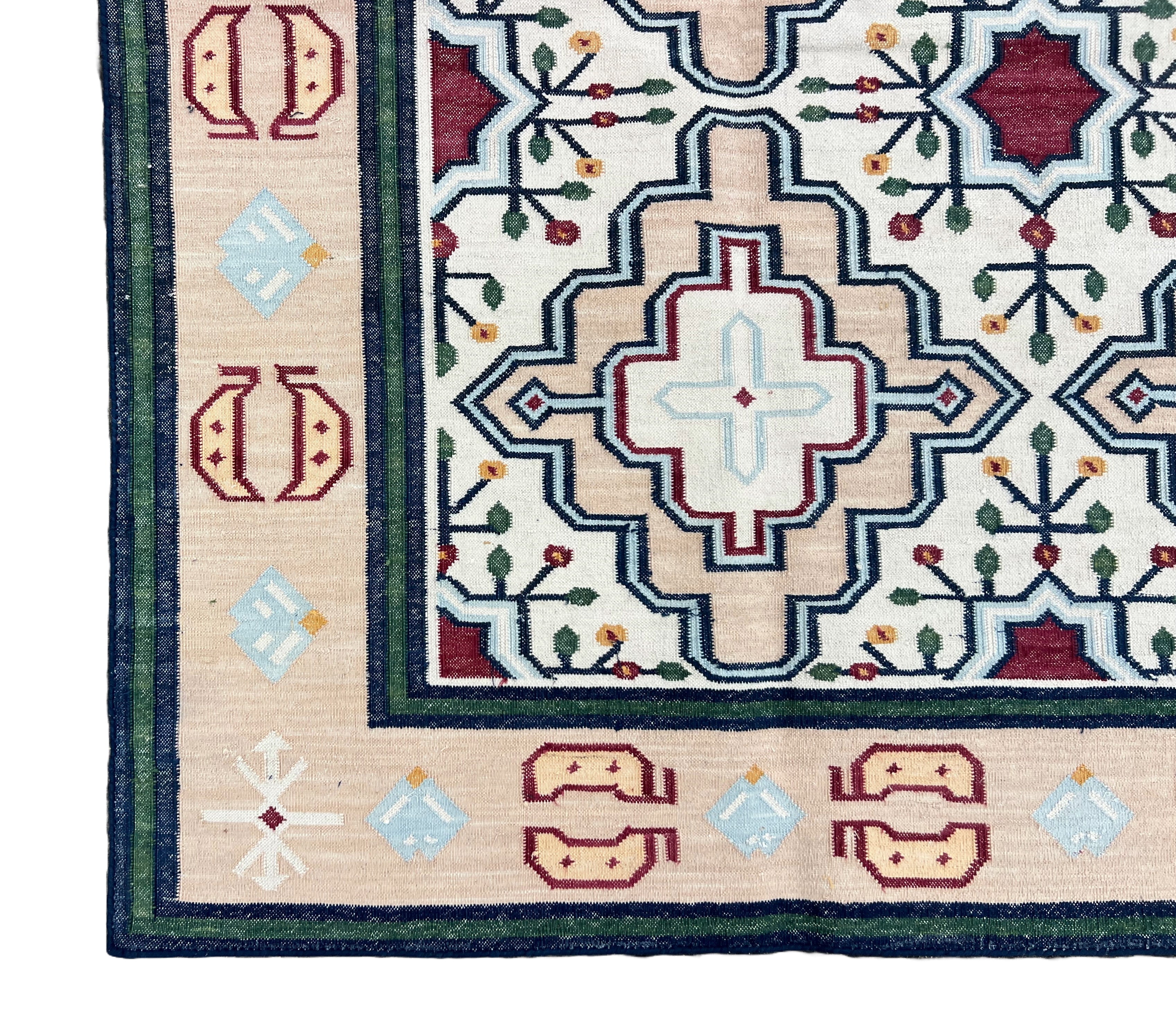 Modern Handmade Cotton Cream, Peach Red Leaf Geometric Indian Dhurrie-6741