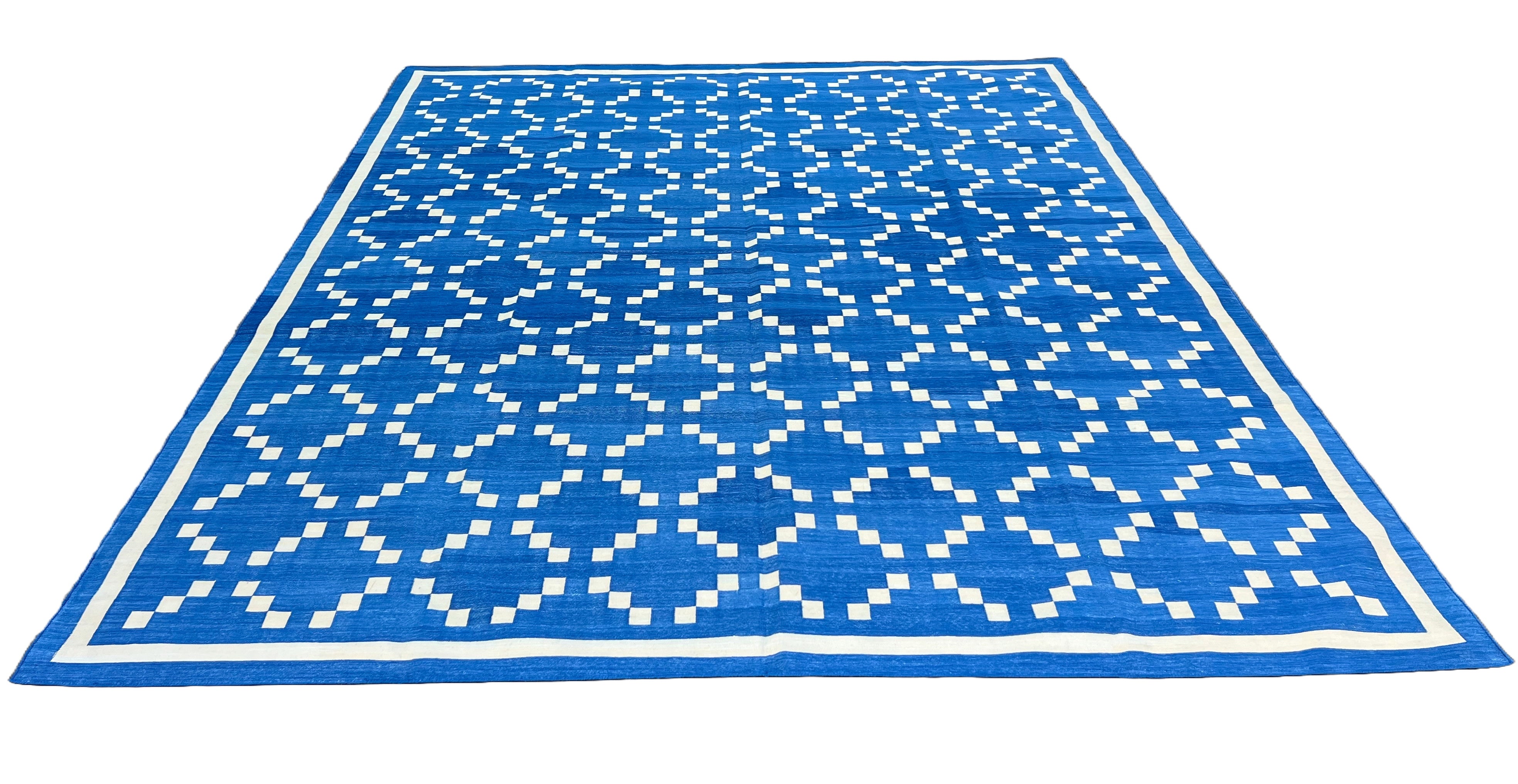 Modern Handmade Cotton Indigo Blue And Cream Diamond Rug-6738