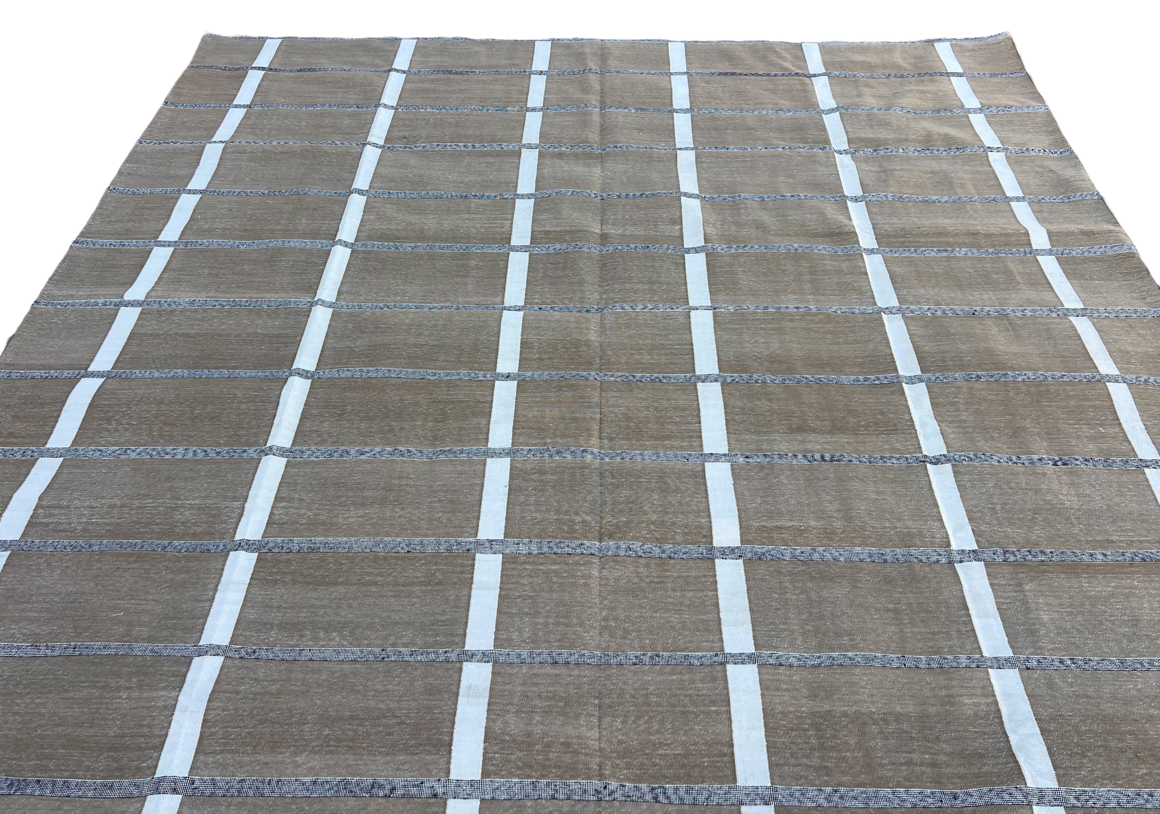 Modern Handmade Cotton Area Flat Weave Rug, Beige And Cream Checked Indian Dhurrie-6725