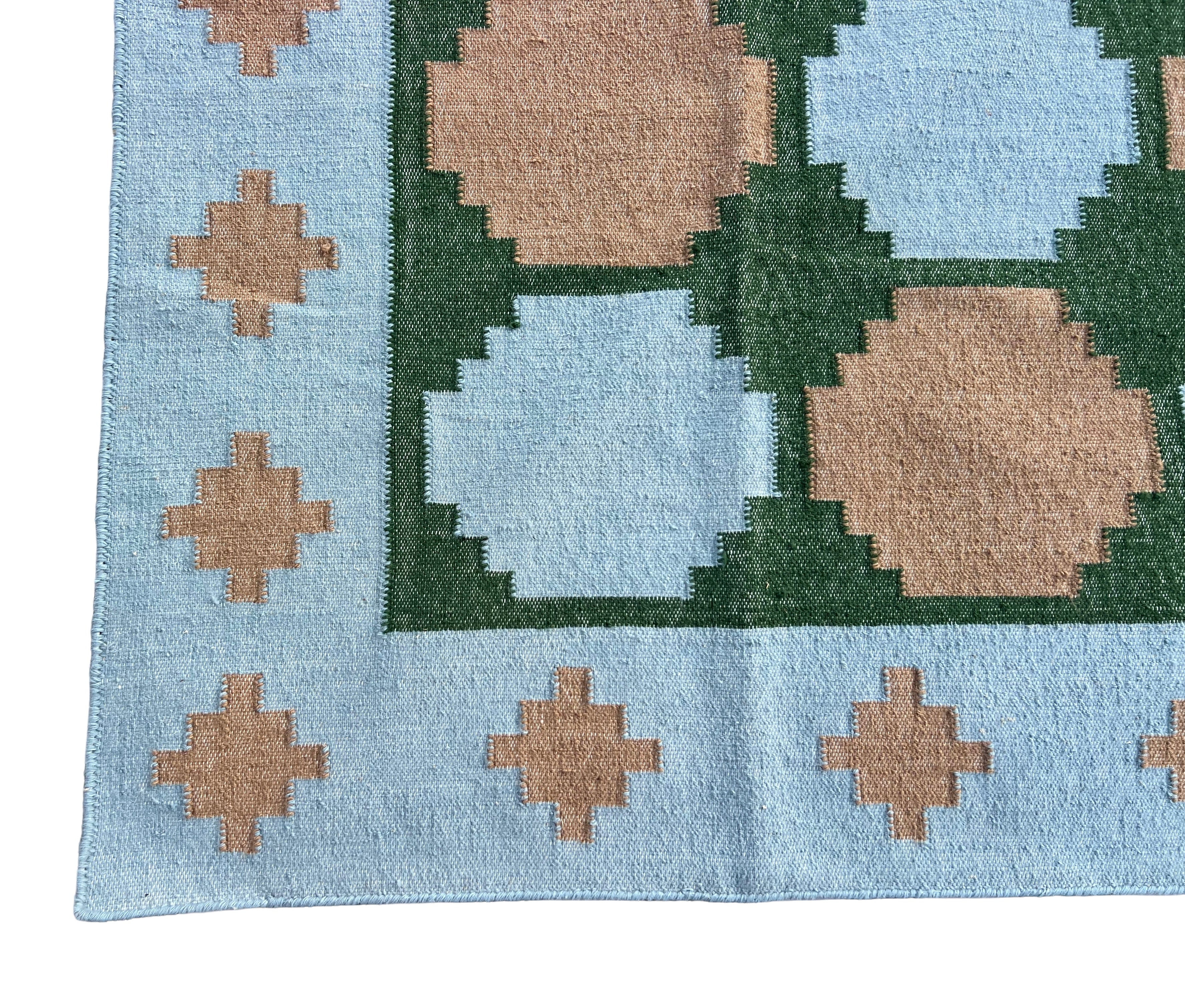 Modern Handmade New Zealand Wool Sky Blue, Beige And Green Tile Swedish Rug-6810