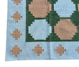 Modern Handmade New Zealand Wool Sky Blue, Beige And Green Tile Swedish Rug-6810