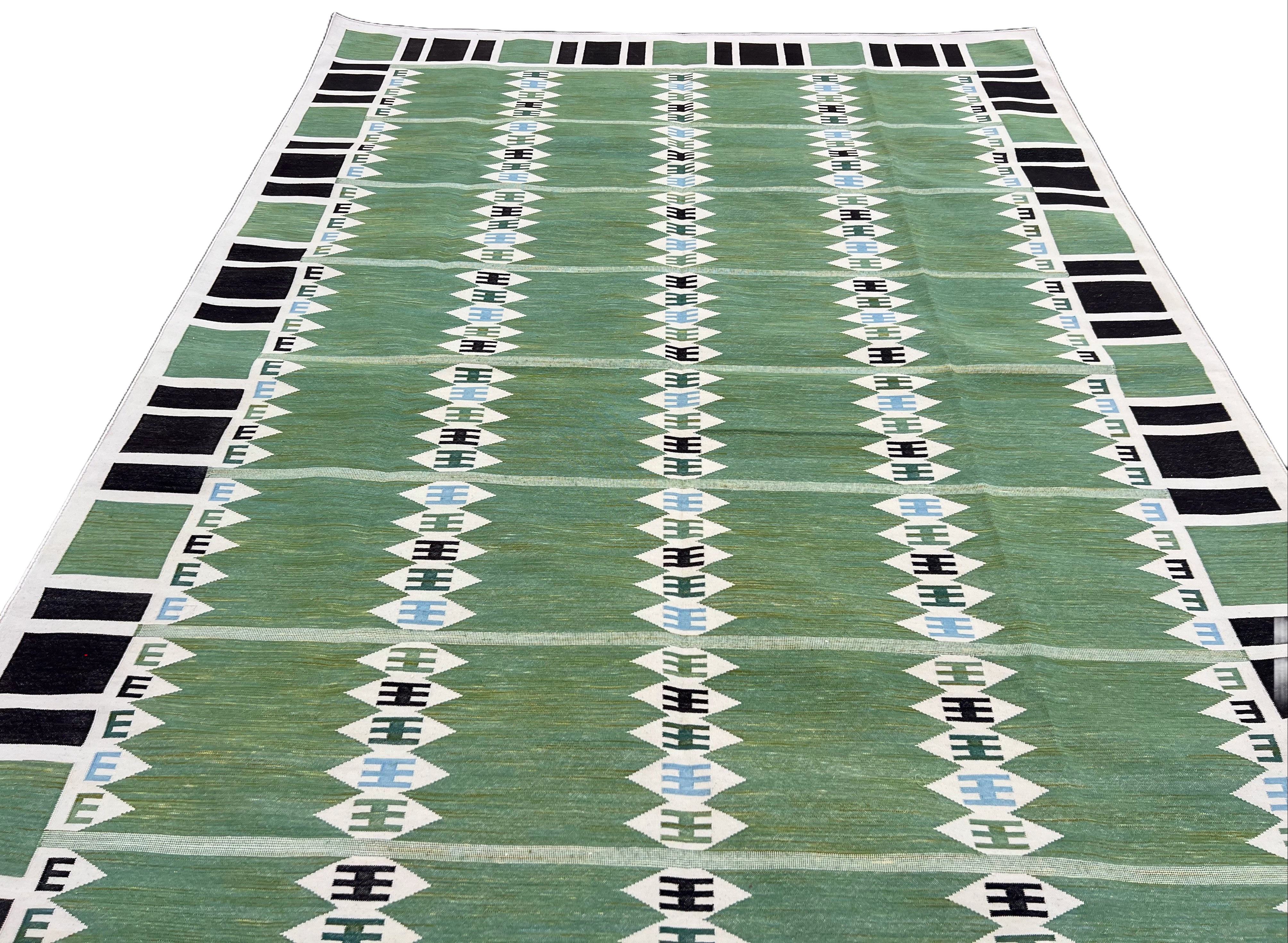 Modern Handmade Cotton Area Flat Weave Rug, Natural Vegetable Dyed, Green And Brown Geometric Indian Dhurrie