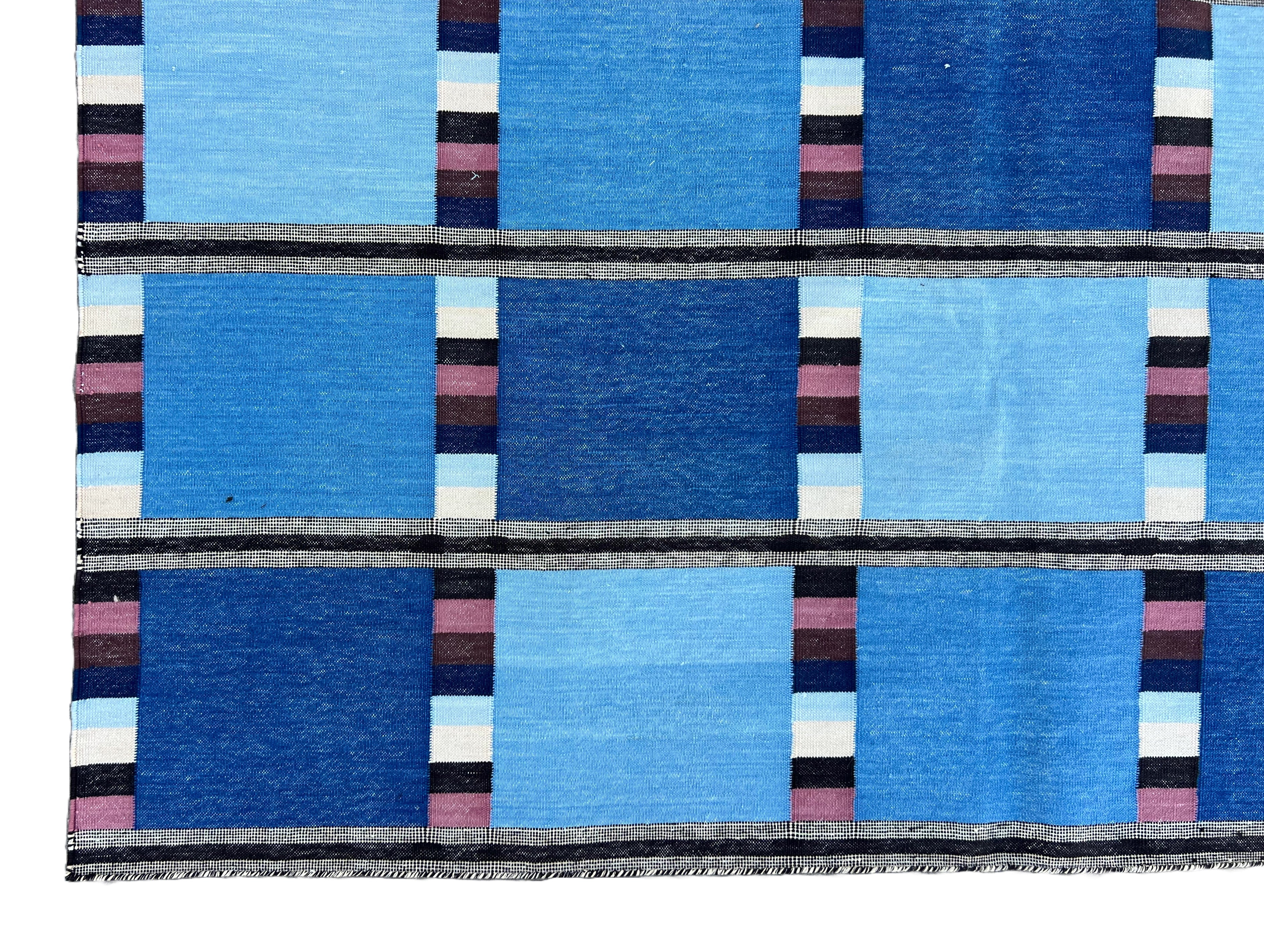 Modern Handmade Cotton Area Flat Weave Rug, Blue, Cream And Brown Checked Dhurrie-6724